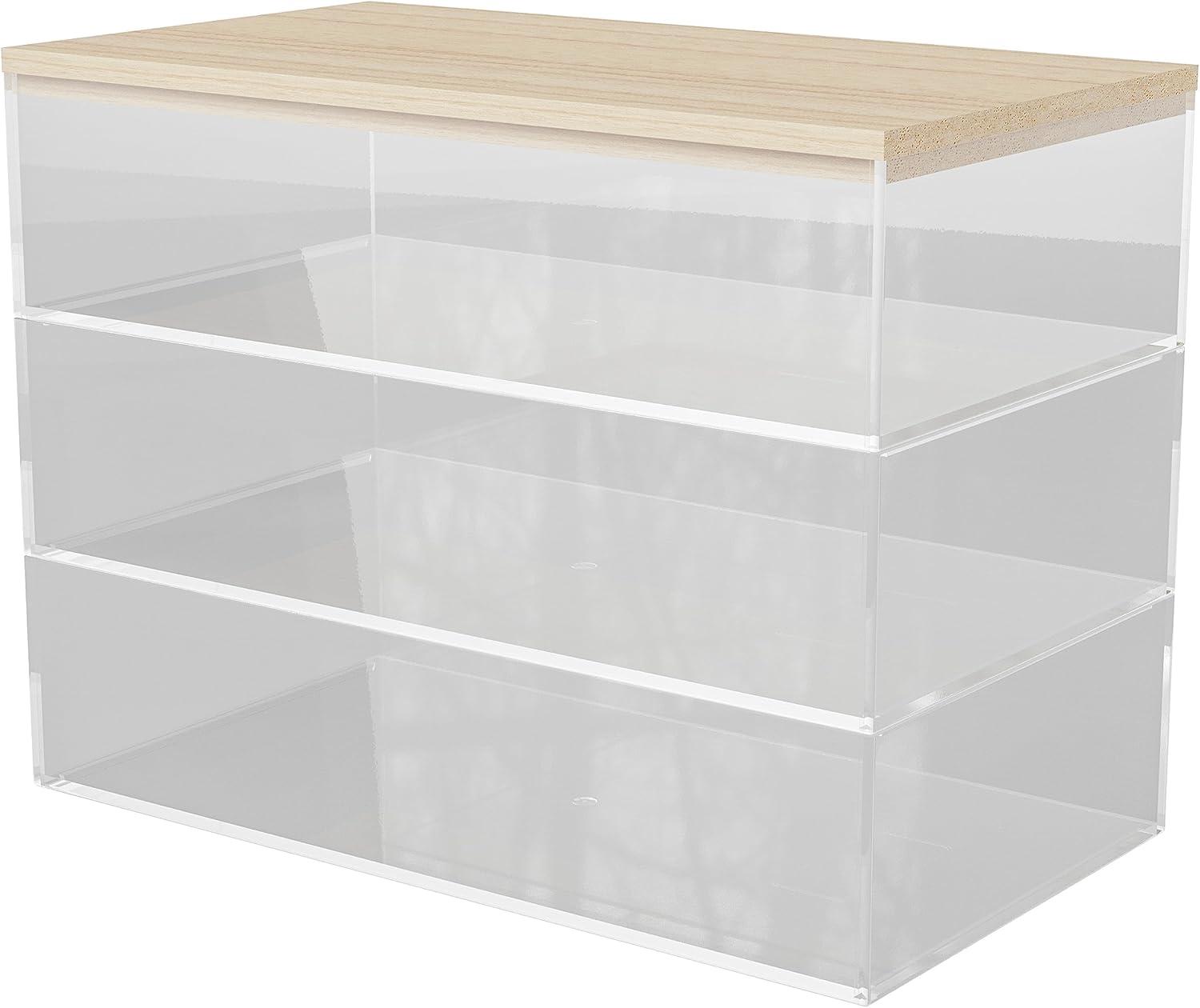 imageMartha Stewart Brody Plastic Storage Organizer Bins with Engineered Wood Lids for Home OfficeKitchen orBathroom 3 Pack 2Small1Medium ClearWhiteClearLight Natural
