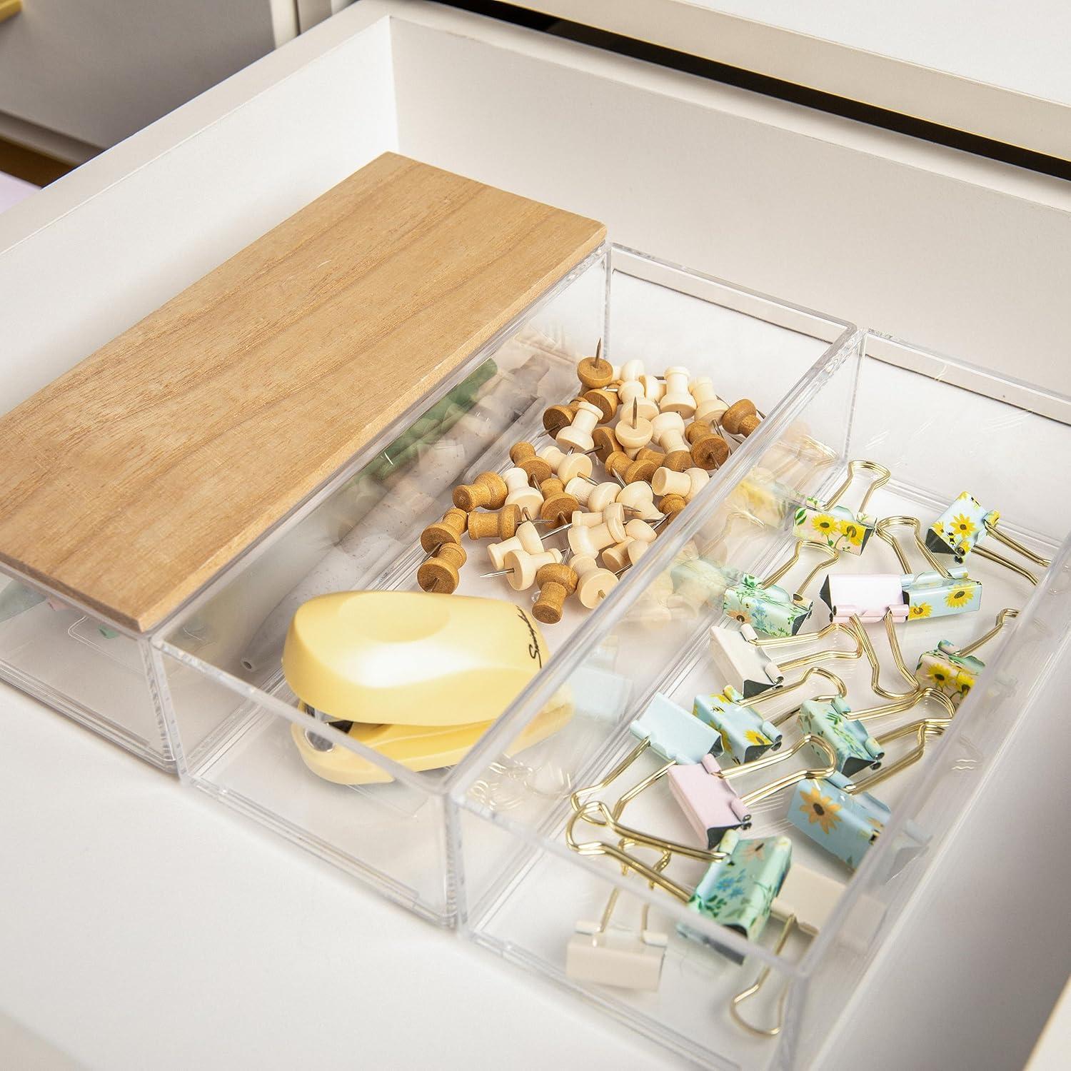 imageMartha Stewart Brody Plastic Storage Organizer Bins with Engineered Wood Lids for Home OfficeKitchen orBathroom 3 Pack 2Small1Medium ClearWhiteClearLight Natural