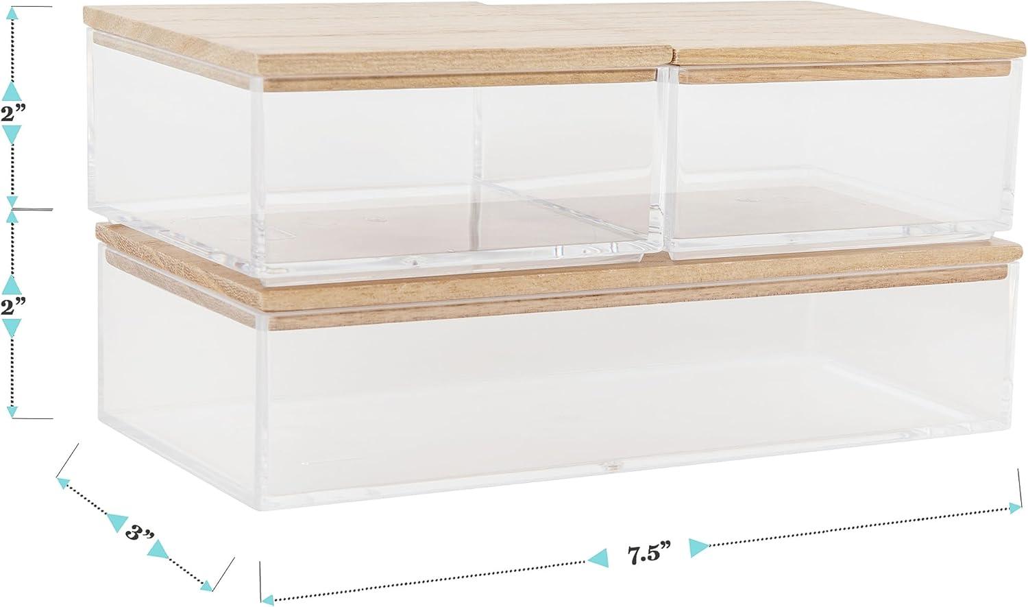 imageMartha Stewart Brody Plastic Storage Organizer Bins with Engineered Wood Lids for Home OfficeKitchen orBathroom 3 Pack 2Small1Medium ClearWhiteClearLight Natural