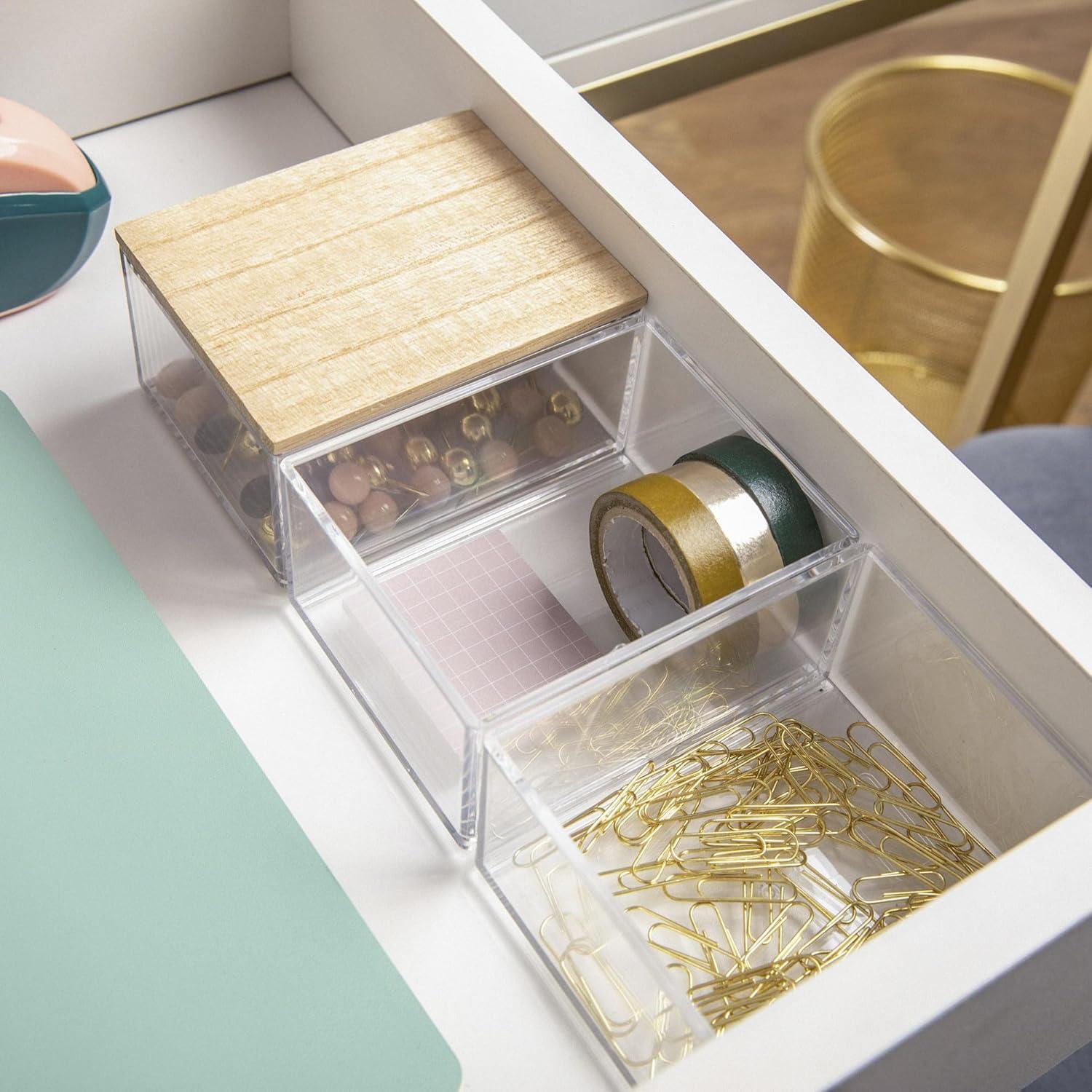 imageMartha Stewart Brody Plastic Storage Organizer Bins with Engineered Wood Lids for Home OfficeKitchen orBathroom 3 Pack 2Small1Medium ClearWhiteClearLight Natural