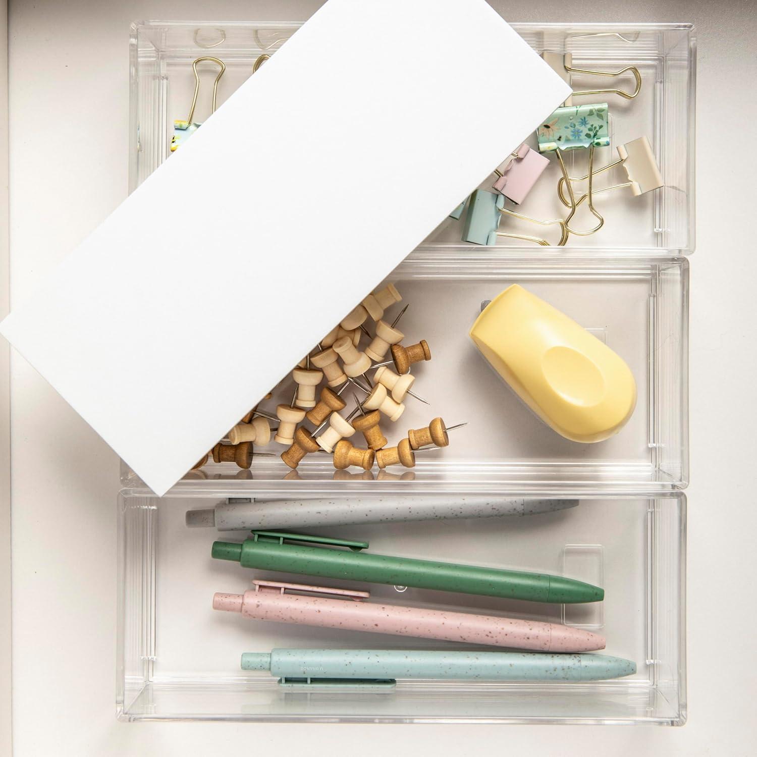 imageMartha Stewart Brody Plastic Storage Organizer Bins with Engineered Wood Lids for Home OfficeKitchen orBathroom 3 Pack 2Small1Medium ClearWhiteClearWhite