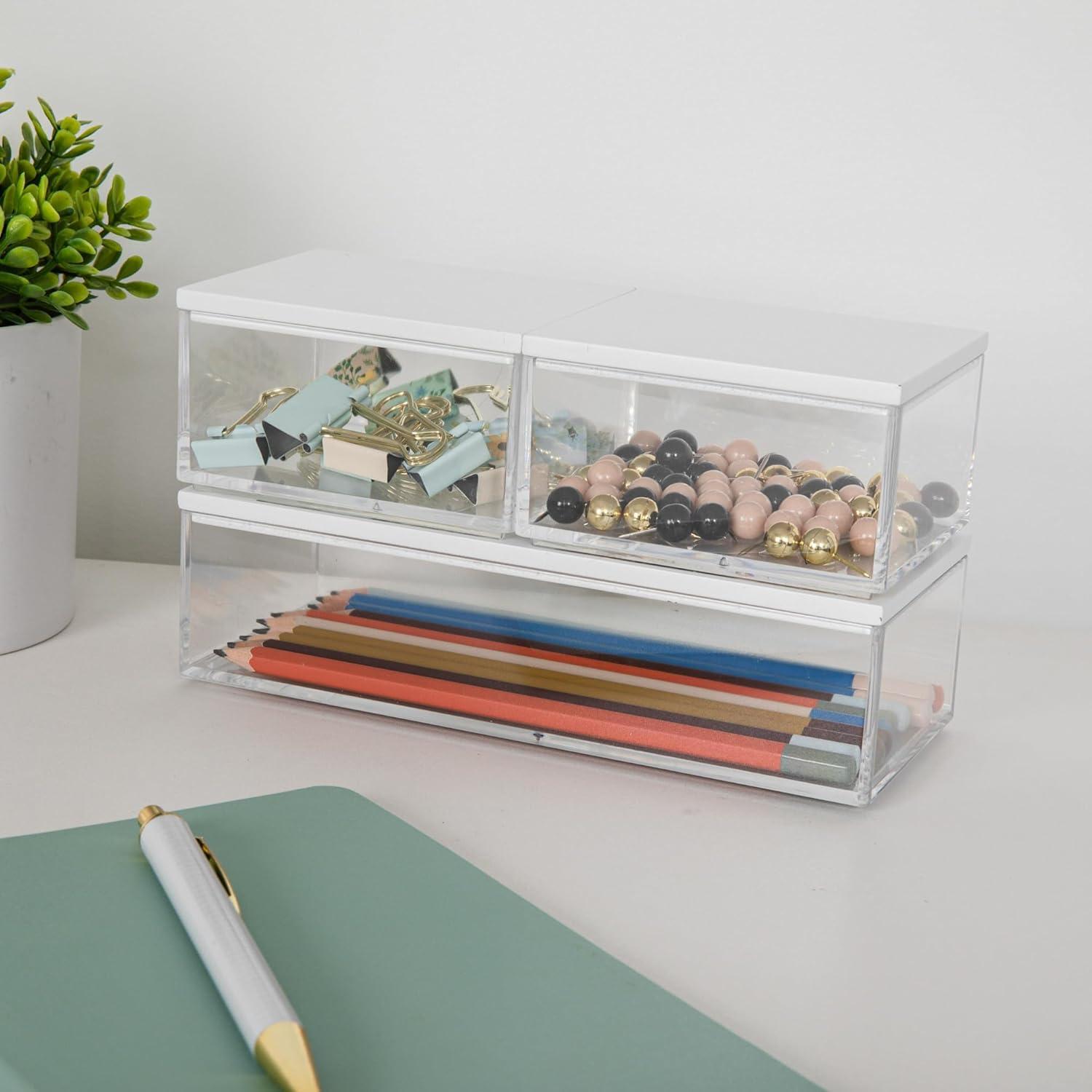 imageMartha Stewart Brody Plastic Storage Organizer Bins with Engineered Wood Lids for Home OfficeKitchen orBathroom 3 Pack 2Small1Medium ClearWhiteClearWhite