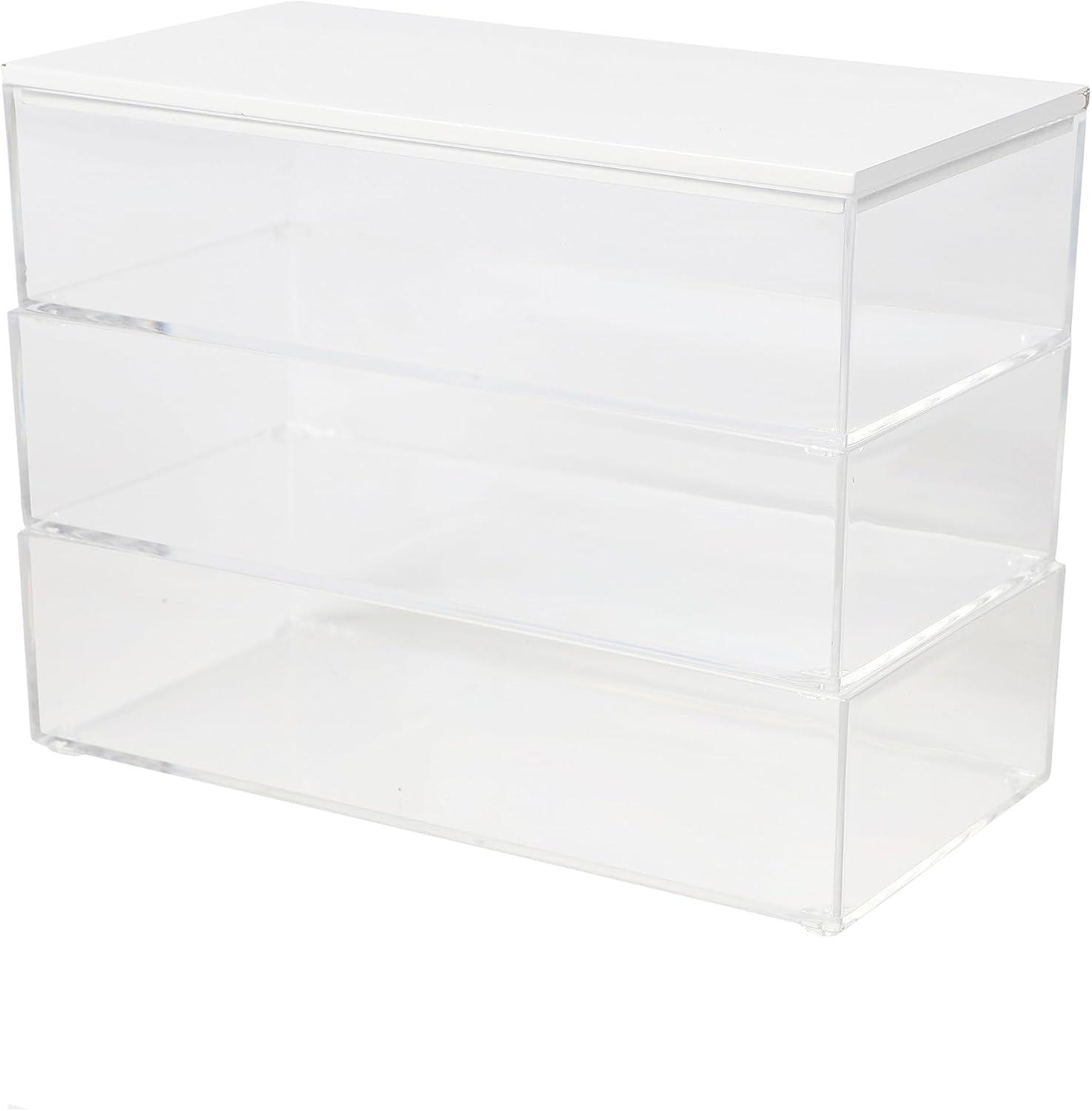 imageMartha Stewart Brody Plastic Storage Organizer Bins with Engineered Wood Lids for Home OfficeKitchen orBathroom 3 Pack 2Small1Medium ClearWhiteClearWhite