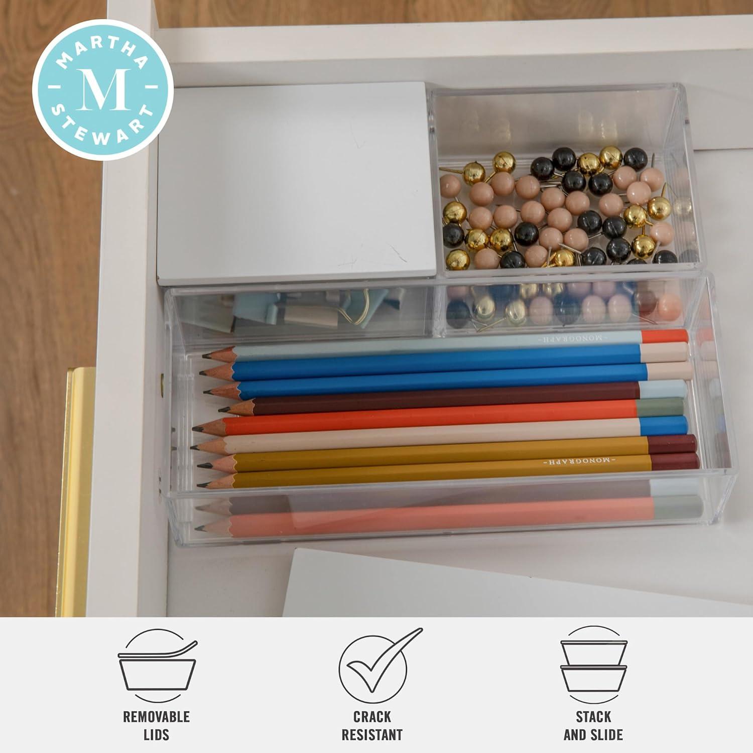 imageMartha Stewart Brody Plastic Storage Organizer Bins with Engineered Wood Lids for Home OfficeKitchen orBathroom 3 Pack 2Small1Medium ClearWhiteClearWhite