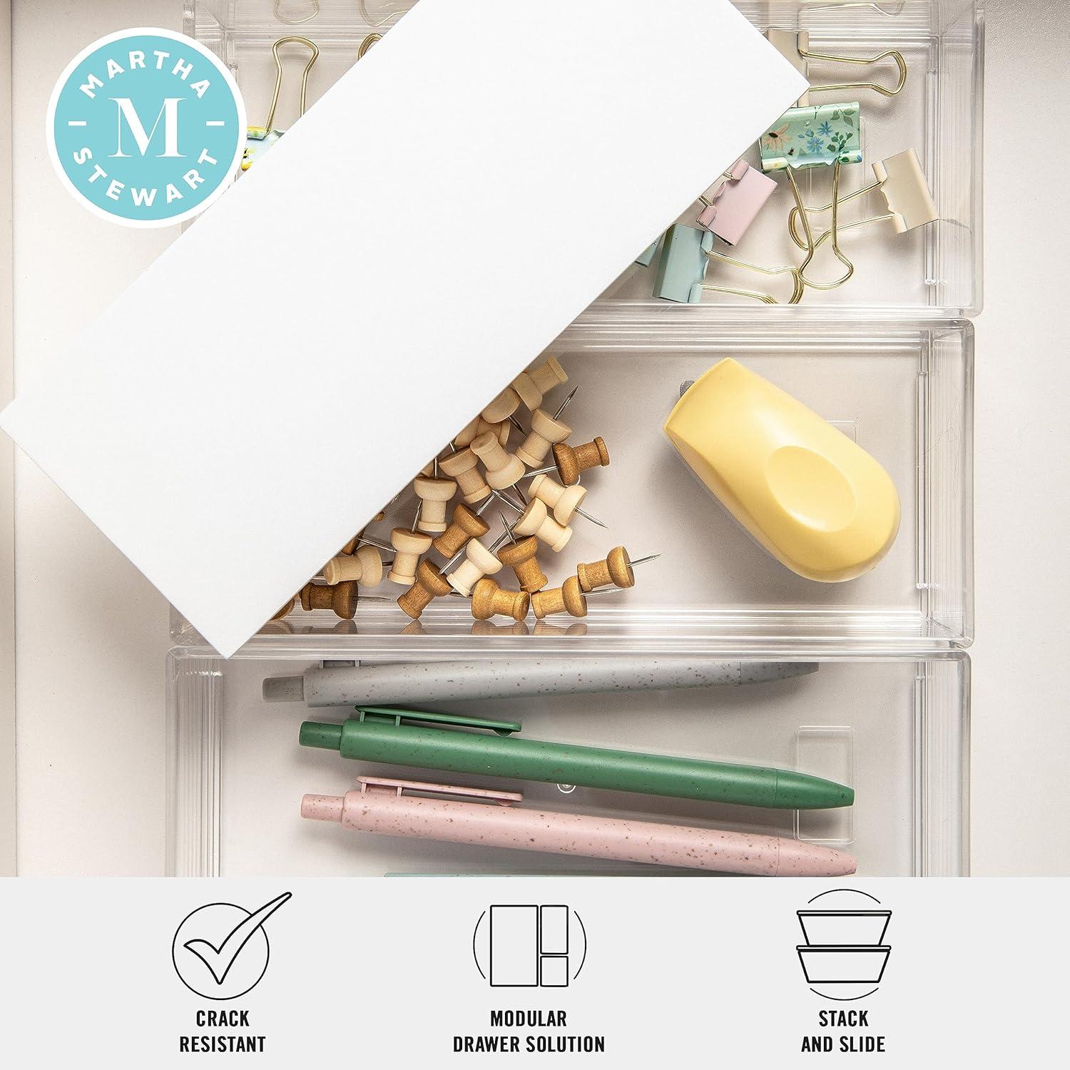imageMartha Stewart Brody Plastic Storage Organizer Bins with Engineered Wood Lids for Home OfficeKitchen orBathroom 3 Pack 2Small1Medium ClearWhiteClearWhite
