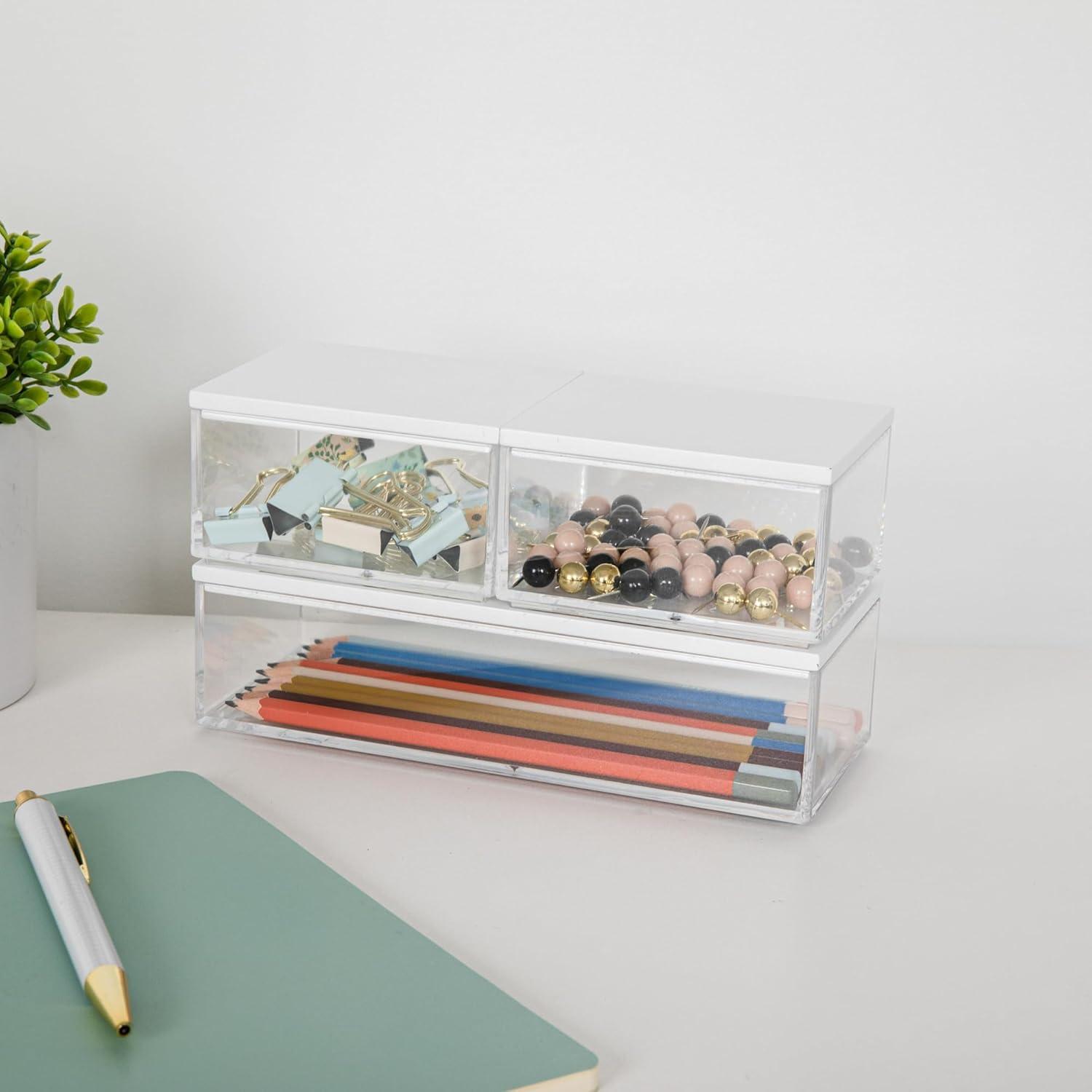 imageMartha Stewart Brody Plastic Storage Organizer Bins with Engineered Wood Lids for Home OfficeKitchen orBathroom 3 Pack 2Small1Medium ClearWhiteClearWhite