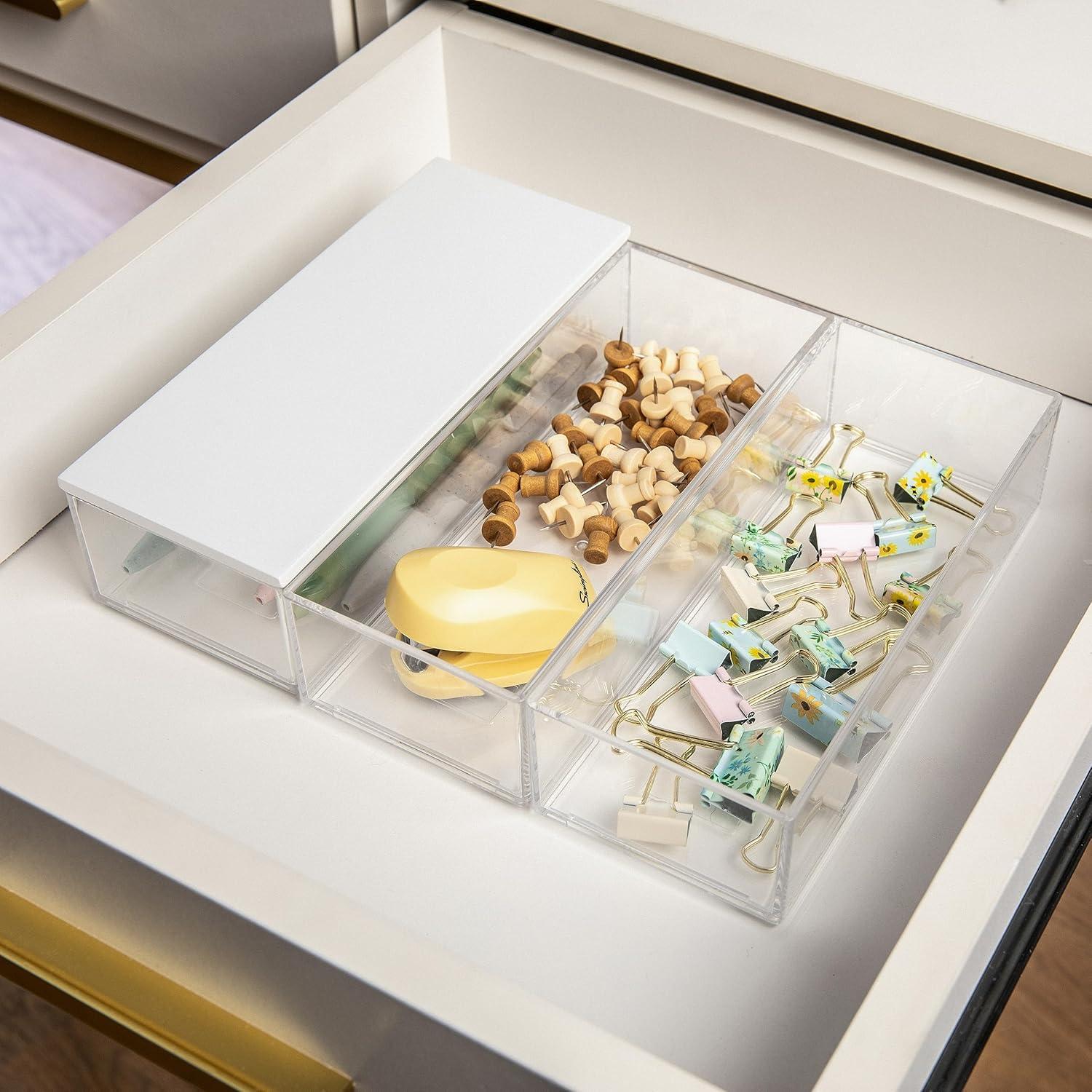 imageMartha Stewart Brody Plastic Storage Organizer Bins with Engineered Wood Lids for Home OfficeKitchen orBathroom 3 Pack 2Small1Medium ClearWhiteClearWhite