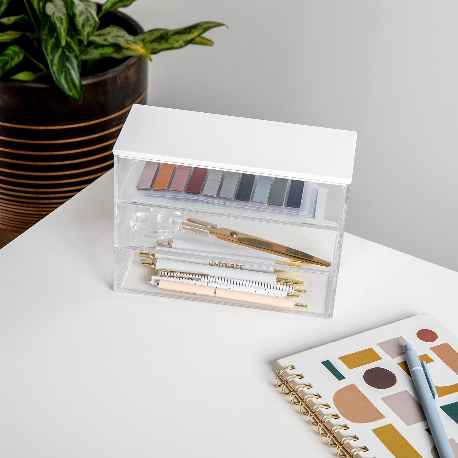 imageMartha Stewart Brody Plastic Storage Organizer Bins with Engineered Wood Lids for Home OfficeKitchen orBathroom 3 Pack 2Small1Medium ClearWhiteClearWhite