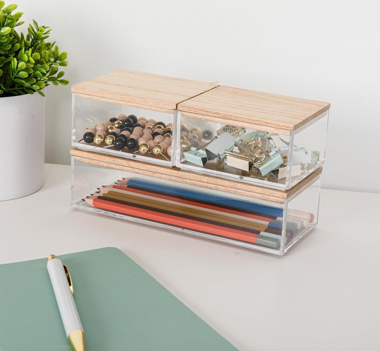 imageMartha Stewart Brody Plastic Storage Organizer Bins with Engineered Wood Lids for Home OfficeKitchen orBathroom 3 Pack 2Small1Medium ClearWhiteClearWhite