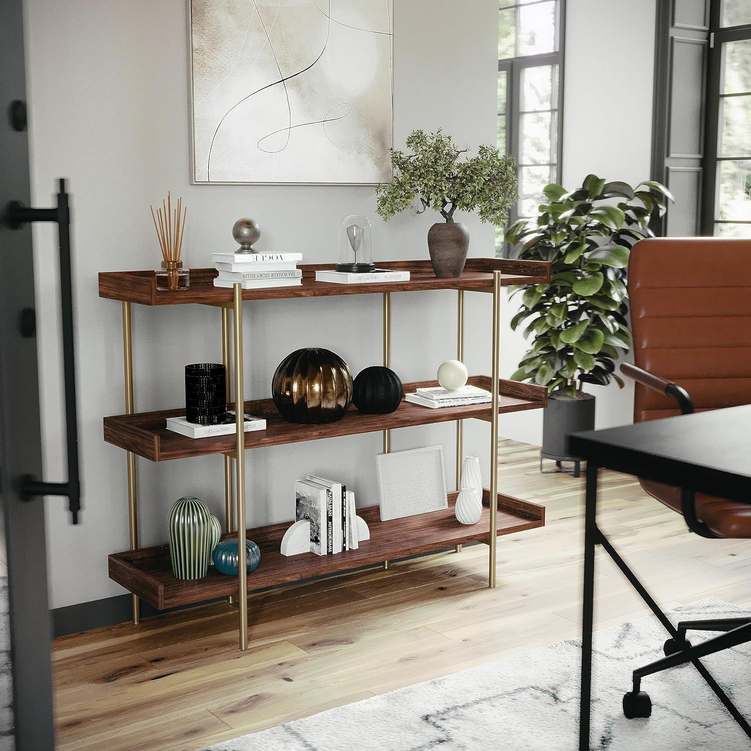 imageMartha Stewart Emmett 3 Shelf Bookcase with Vertical Metal Frame Home Office Storage Display Unit 35quot H Black Wood GrainOil Rubbed BronzeWalnut Wood GrainPolished Brass Frame