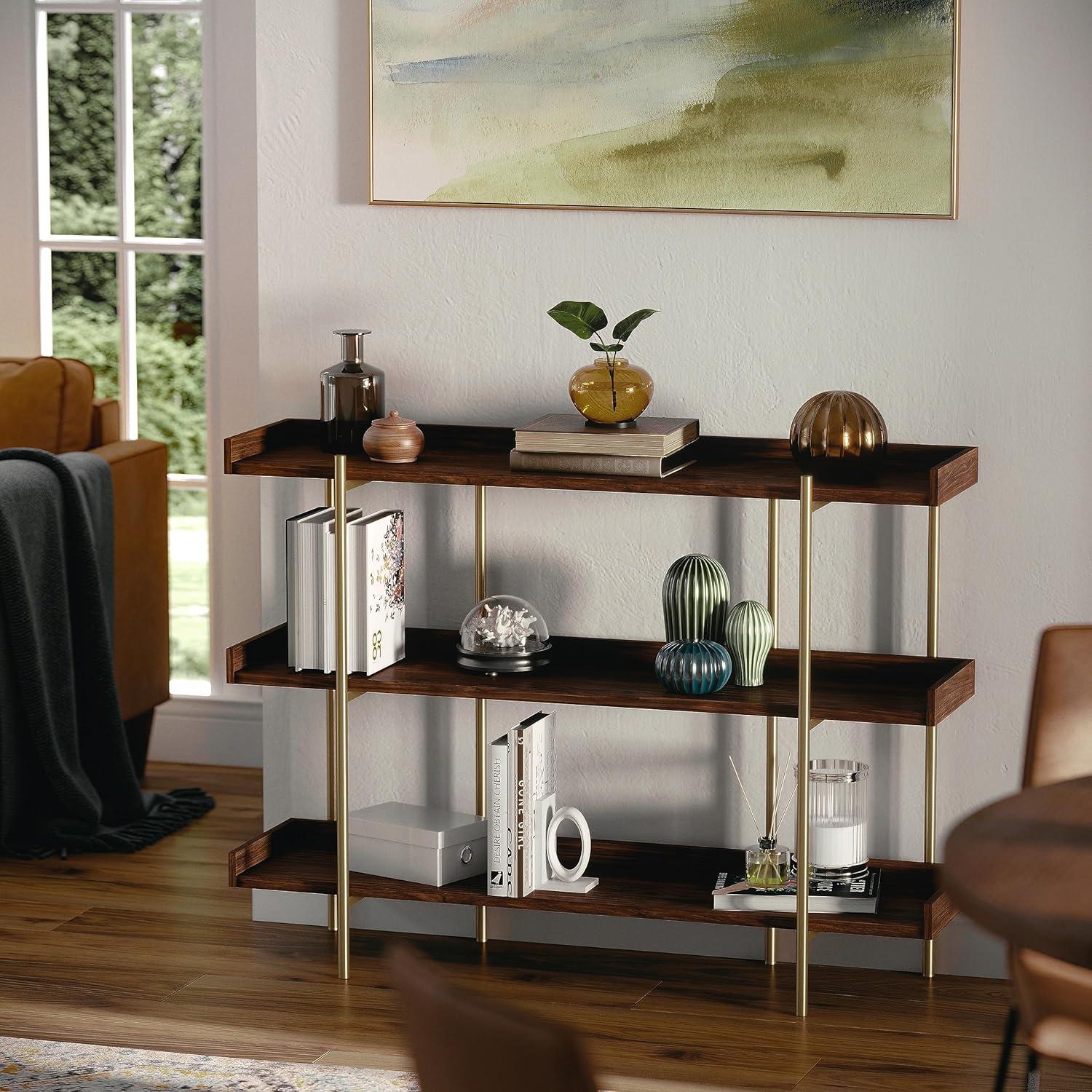 imageMartha Stewart Emmett 3 Shelf Bookcase with Vertical Metal Frame Home Office Storage Display Unit 35quot H Black Wood GrainOil Rubbed BronzeWalnut Wood GrainPolished Brass Frame