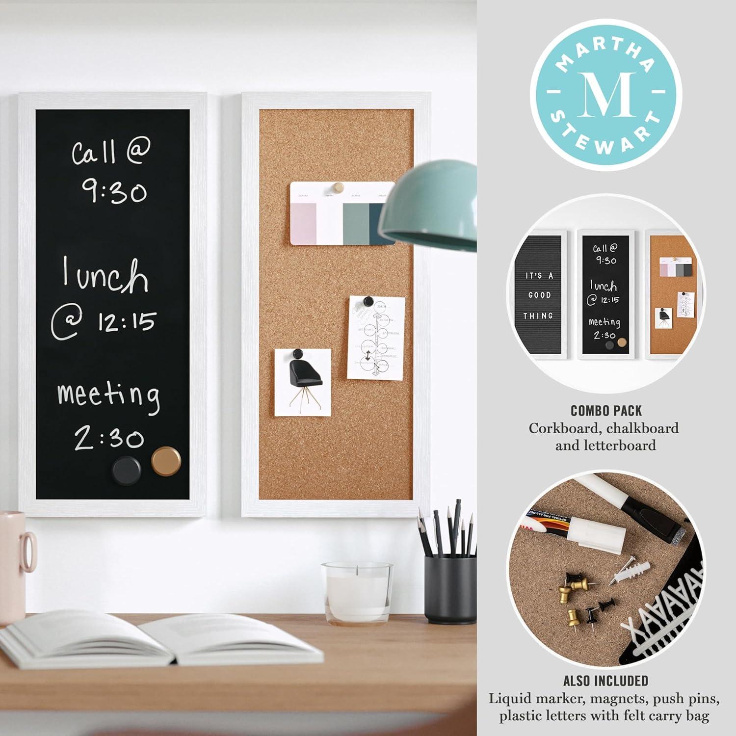 imageMartha Stewart Everette Cork Board Chalk Board Letter Board Set with Included Push Pins Magnets Liquid Chalk Letters 18quot x 24quot Black Woodgrain FrameWhite Woodgrain