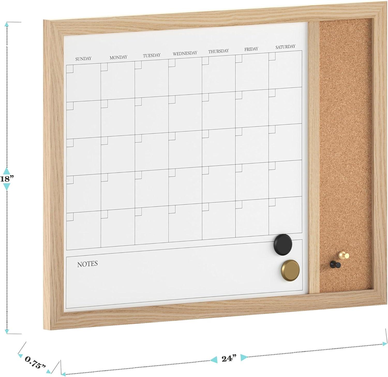 imageMartha Stewart Everette Magnetic Dry Erase Monthly Calendar and Cork Board Combo with Included Marker Magnets Push Pins 24quotx18quot Light Natural Woodgrain FrameBlack Woodgrain