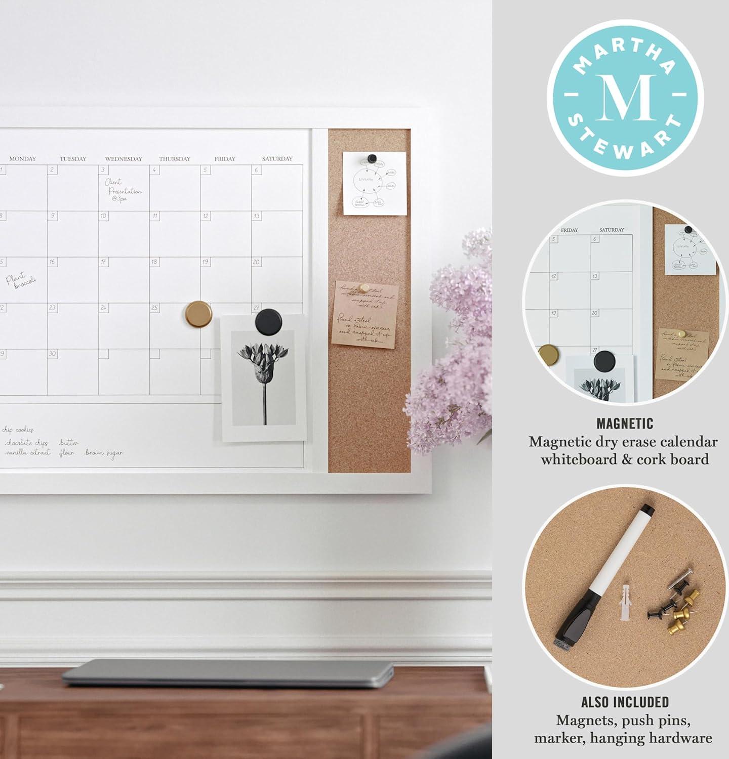 imageMartha Stewart Everette Magnetic Dry Erase Monthly Calendar and Cork Board Combo with Included Marker Magnets Push Pins 24quotx18quot Light Natural Woodgrain FrameLight Natural Woodgrain