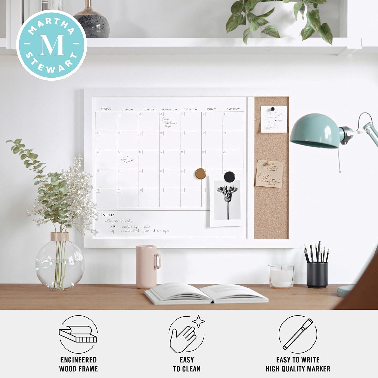 imageMartha Stewart Everette Magnetic Dry Erase Monthly Calendar and Cork Board Combo with Included Marker Magnets Push Pins 24quotx18quot Light Natural Woodgrain FrameBlack Woodgrain