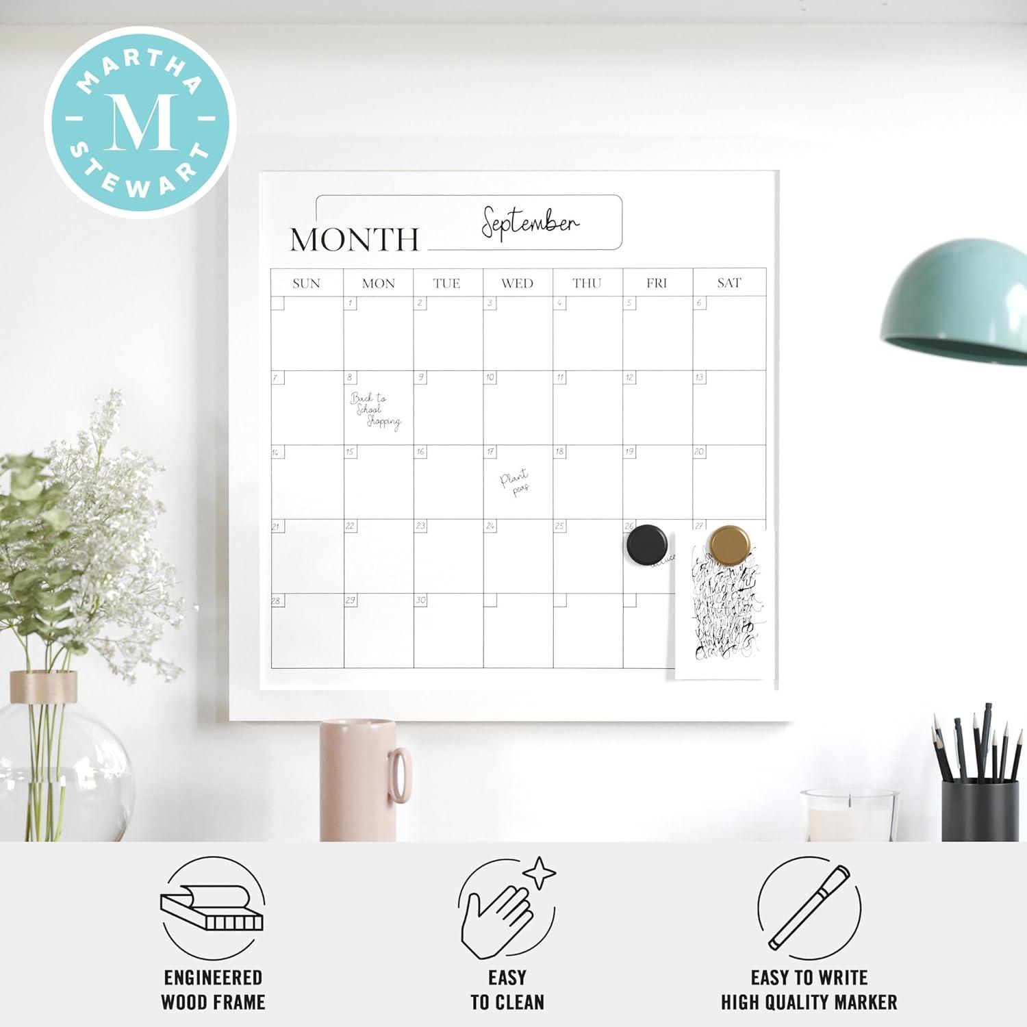 imageMartha Stewart Everette Magnetic Monthly Calendar Dry Erase Board with Included Dry Erase Marker and 2 Magnets 18quot x 18quot White Woodgrain FrameBlack Woodgrain
