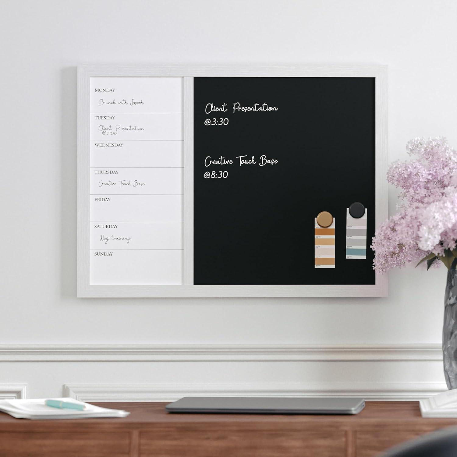 imageMartha Stewart Everette Magnetic Weekly Calendar Dry Erase Board and Chalk Board with Liquid Chalk Marker and Magnets 24quotx18quot Light Natural Woodgrain FrameBlack Woodgrain