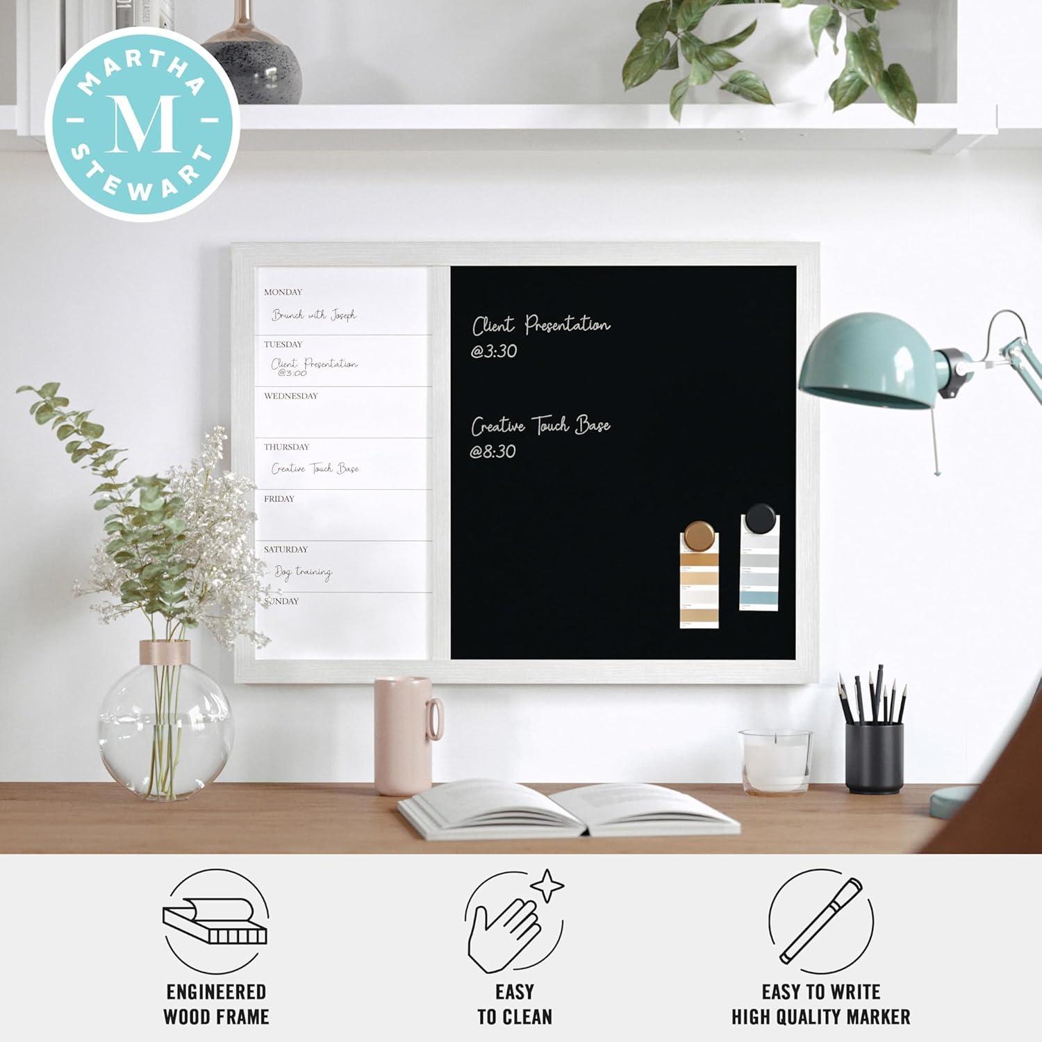 imageMartha Stewart Everette Magnetic Weekly Calendar Dry Erase Board and Chalk Board with Liquid Chalk Marker and Magnets 24quotx18quot Light Natural Woodgrain FrameWhite Woodgrain