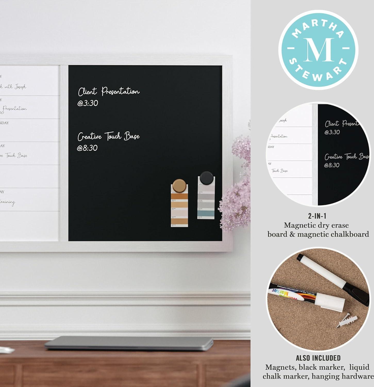 imageMartha Stewart Everette Magnetic Weekly Calendar Dry Erase Board and Chalk Board with Liquid Chalk Marker and Magnets 24quotx18quot Light Natural Woodgrain FrameWhite Woodgrain