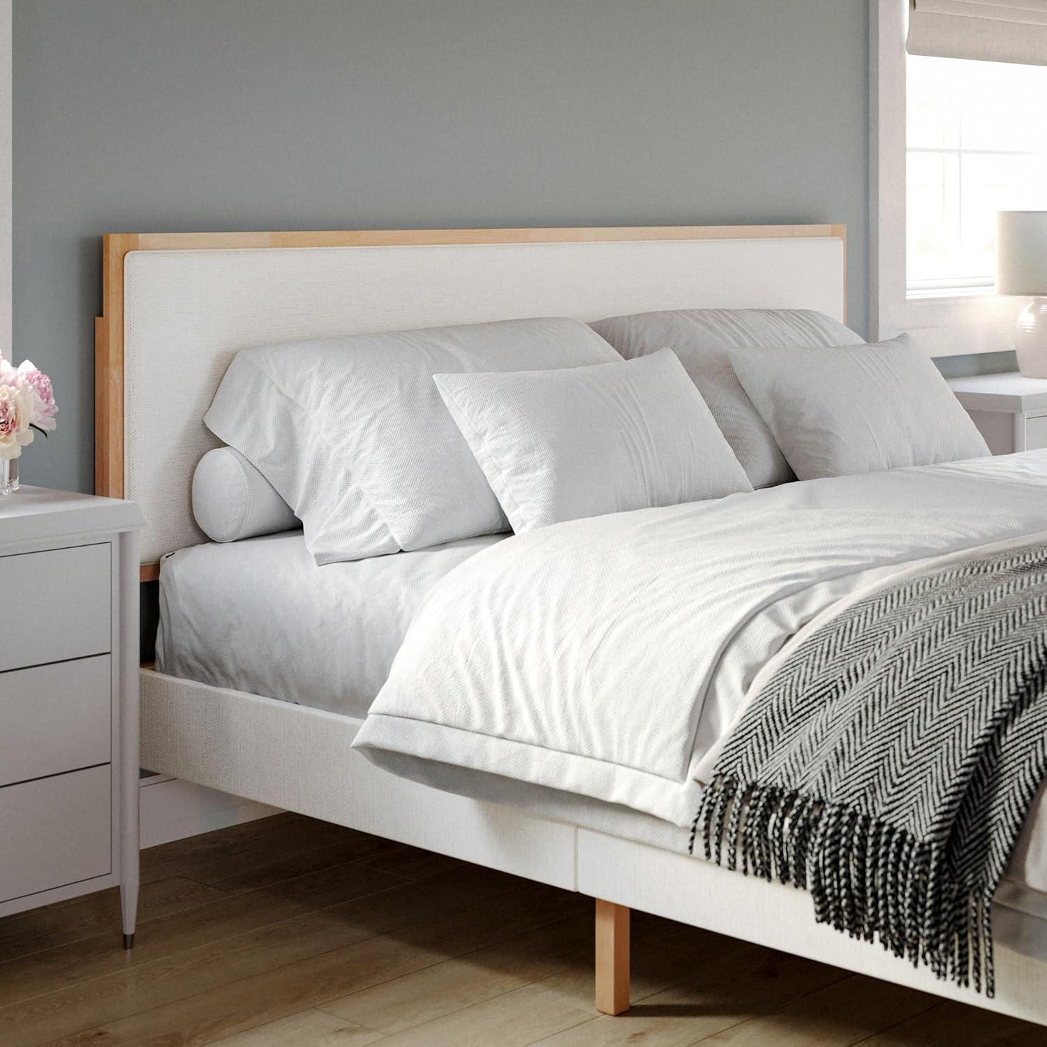 imageMartha Stewart Flynn Platform Bed with Headboard Fabric Upholstered Inset Headboard and Base Solid Wood Frame No Box Spring Needed Queen Light BeechSnowKing