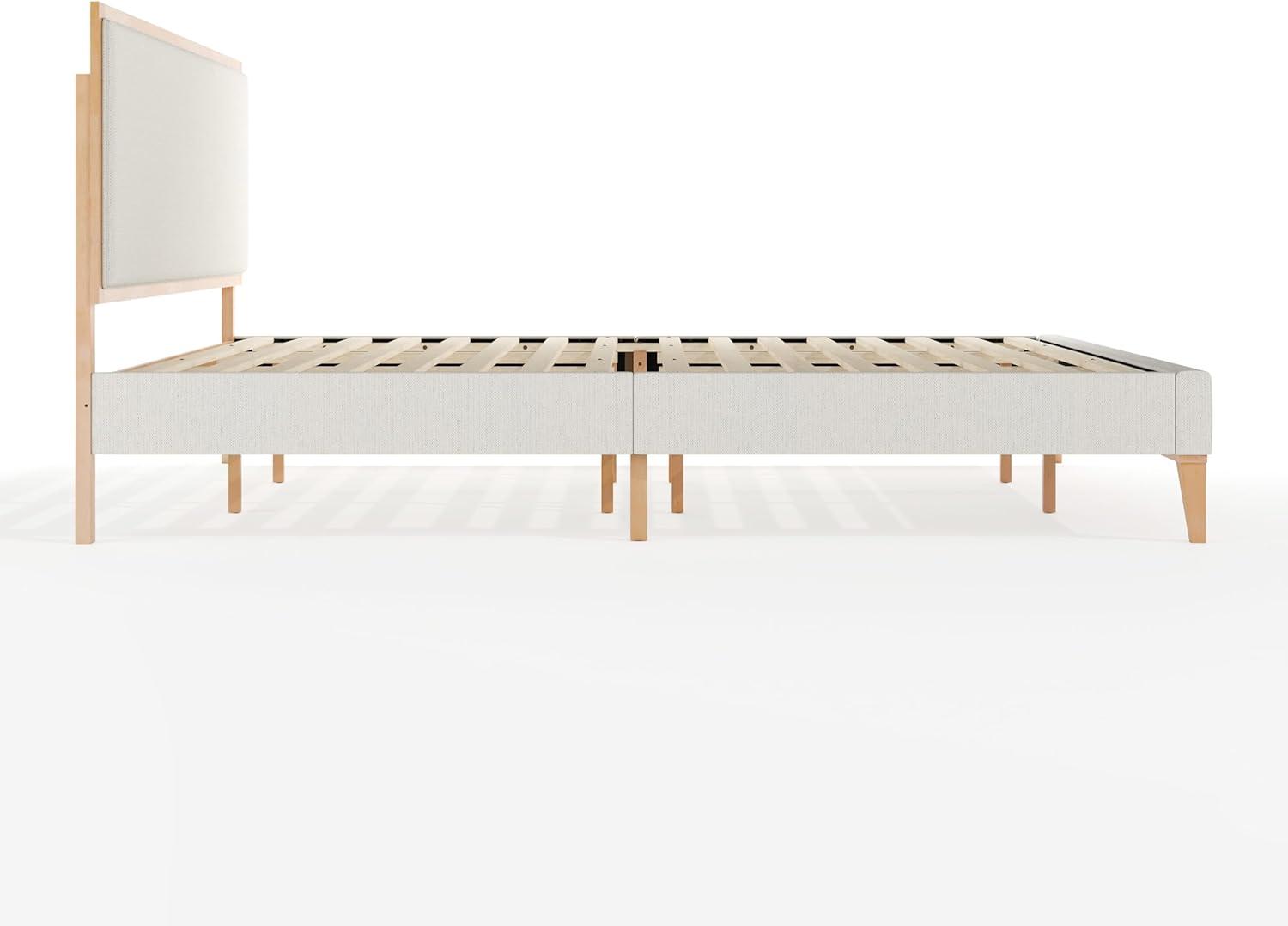 imageMartha Stewart Flynn Platform Bed with Headboard Fabric Upholstered Inset Headboard and Base Solid Wood Frame No Box Spring Needed Queen Light BeechSnowKing