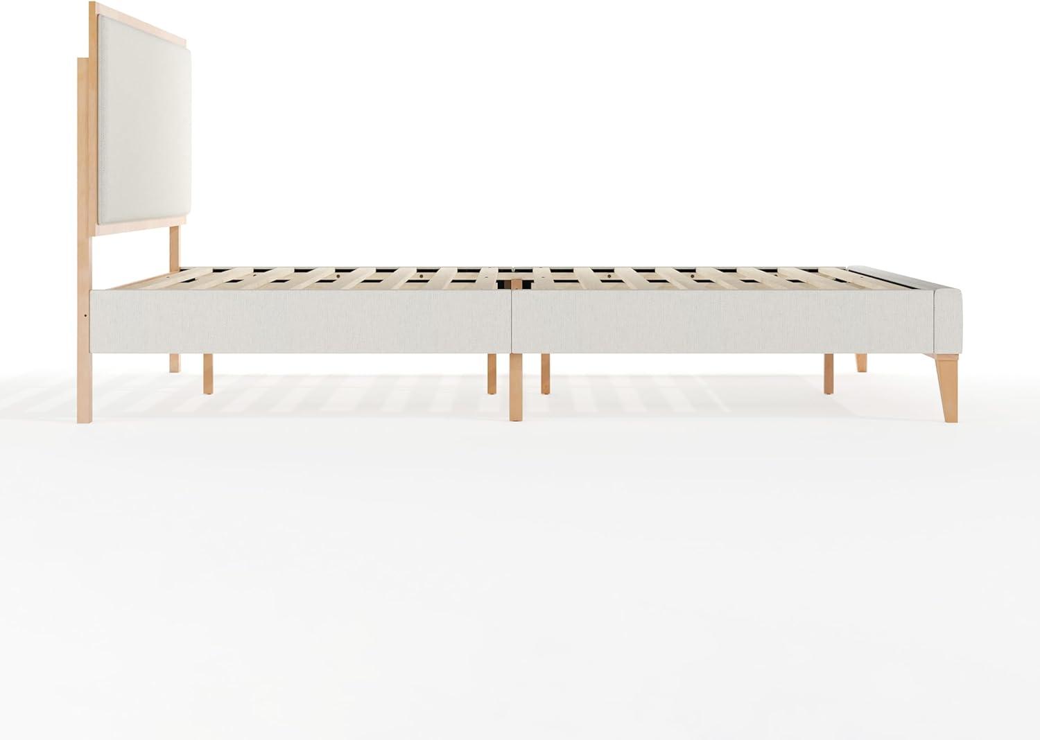 imageMartha Stewart Flynn Platform Bed with Headboard Fabric Upholstered Inset Headboard and Base Solid Wood Frame No Box Spring Needed Queen Light BeechSnowQueen
