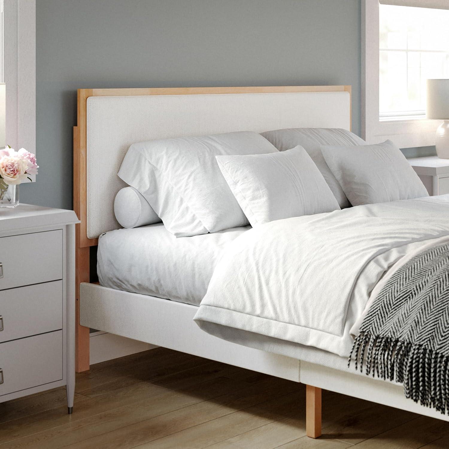 imageMartha Stewart Flynn Platform Bed with Headboard Fabric Upholstered Inset Headboard and Base Solid Wood Frame No Box Spring Needed Queen Light BeechSnowQueen
