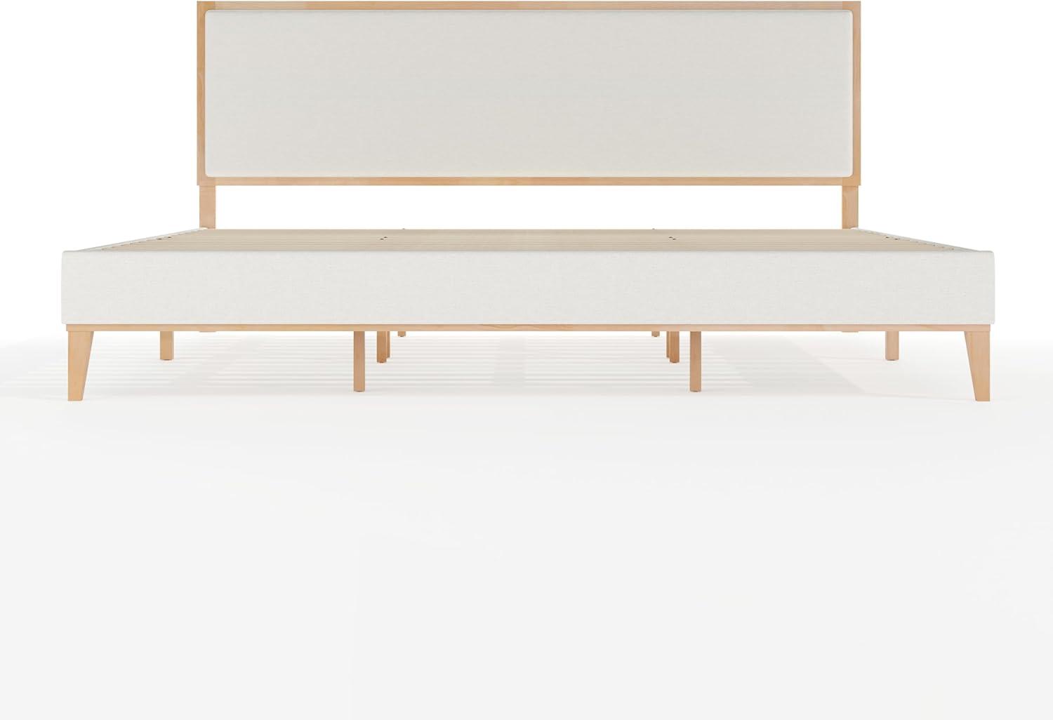 imageMartha Stewart Flynn Platform Bed with Headboard Fabric Upholstered Inset Headboard and Base Solid Wood Frame No Box Spring Needed Queen Light BeechSnowKing