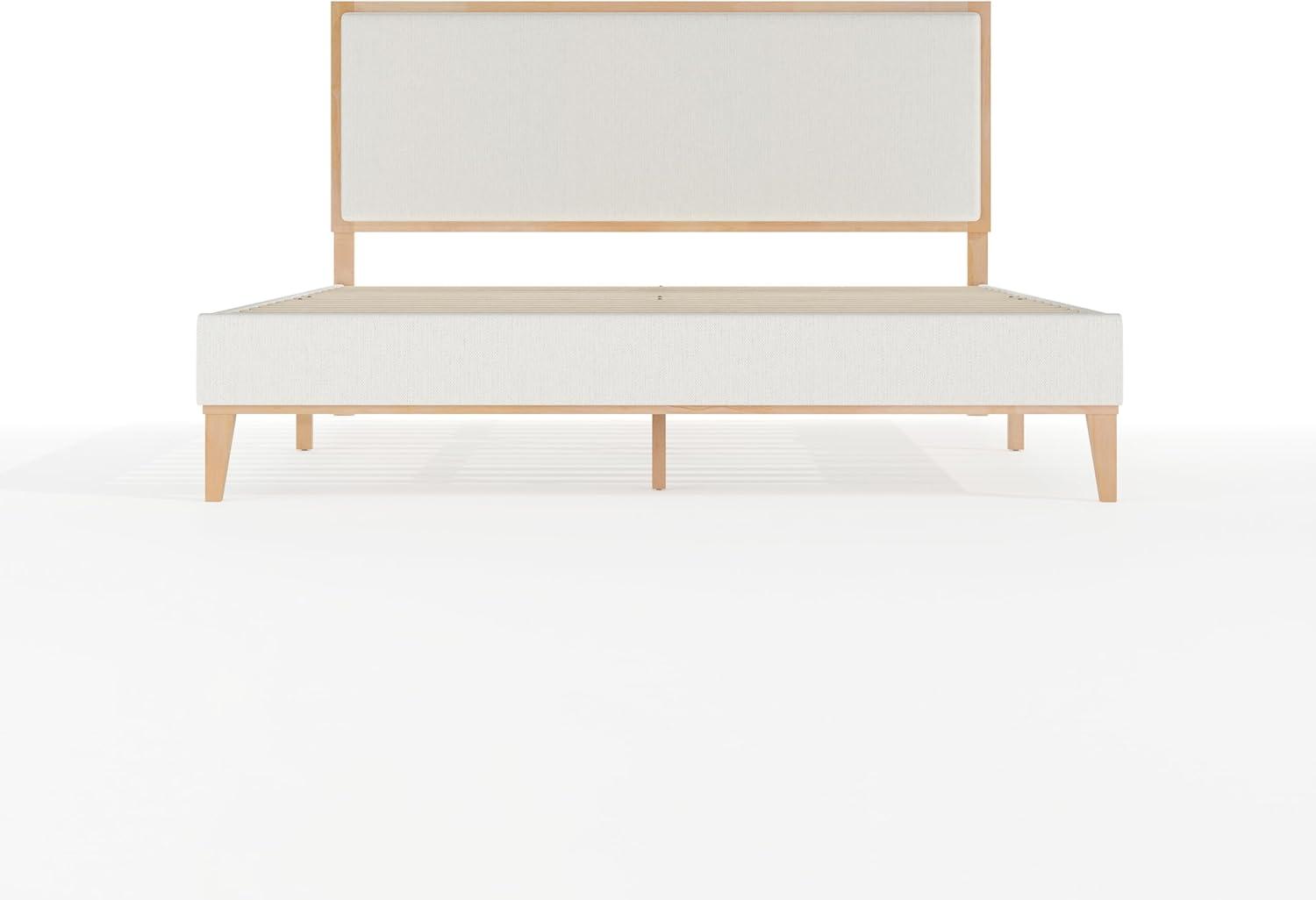 imageMartha Stewart Flynn Platform Bed with Headboard Fabric Upholstered Inset Headboard and Base Solid Wood Frame No Box Spring Needed Queen Light BeechSnowQueen