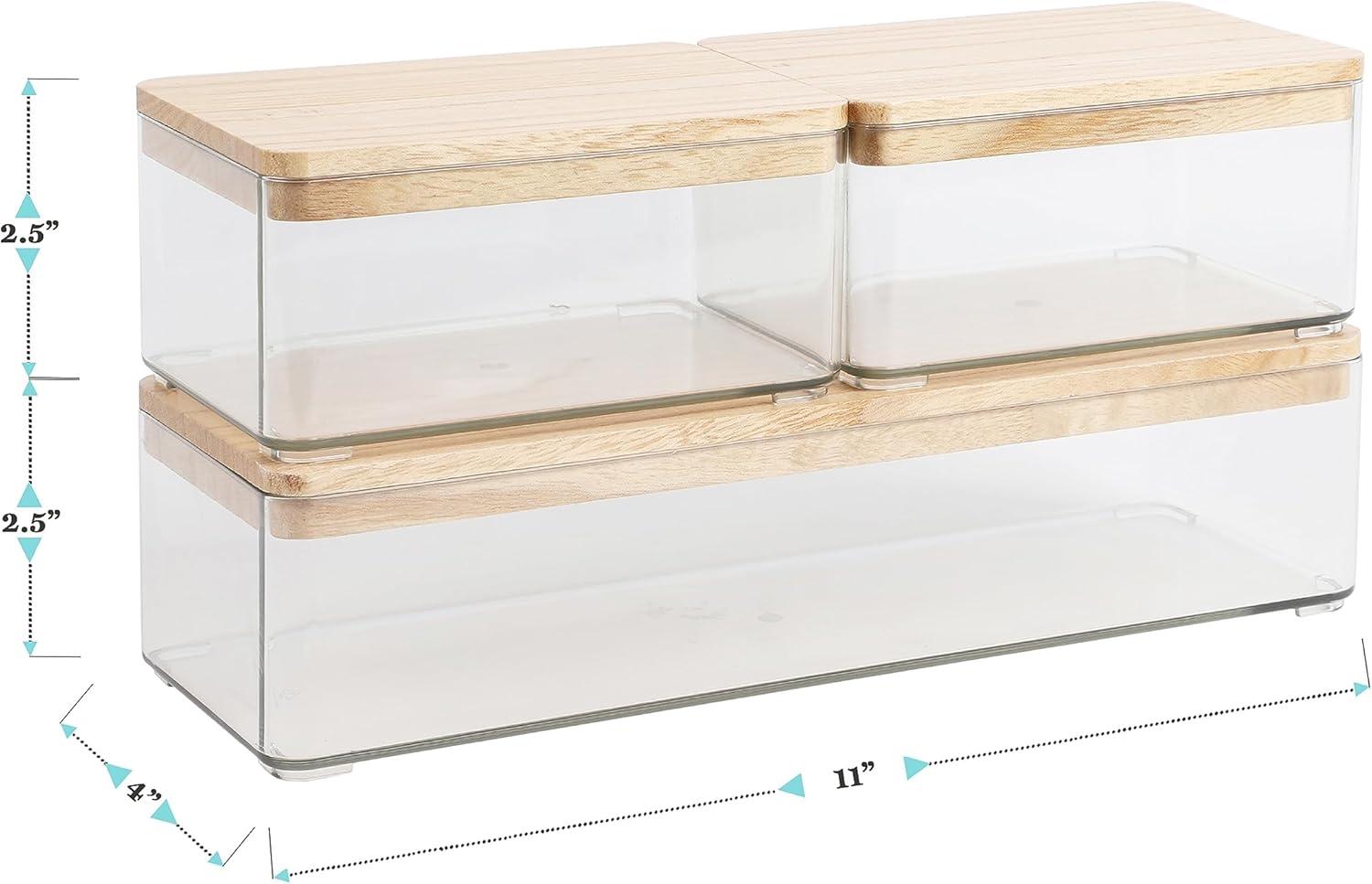 imageMartha Stewart Grady Clear Plastic Stackable Storage Boxes with White Plastic Lids Set of 3ClearLight Natural Paulownia Top