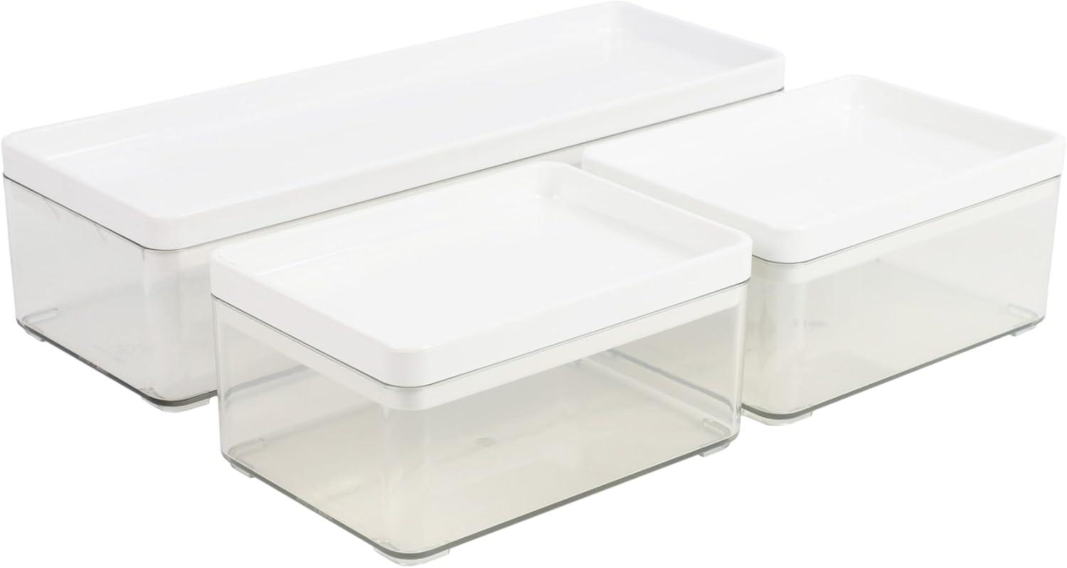 imageMartha Stewart Grady Clear Plastic Stackable Storage Boxes with White Plastic Lids Set of 3ClearWhite Plastic Top