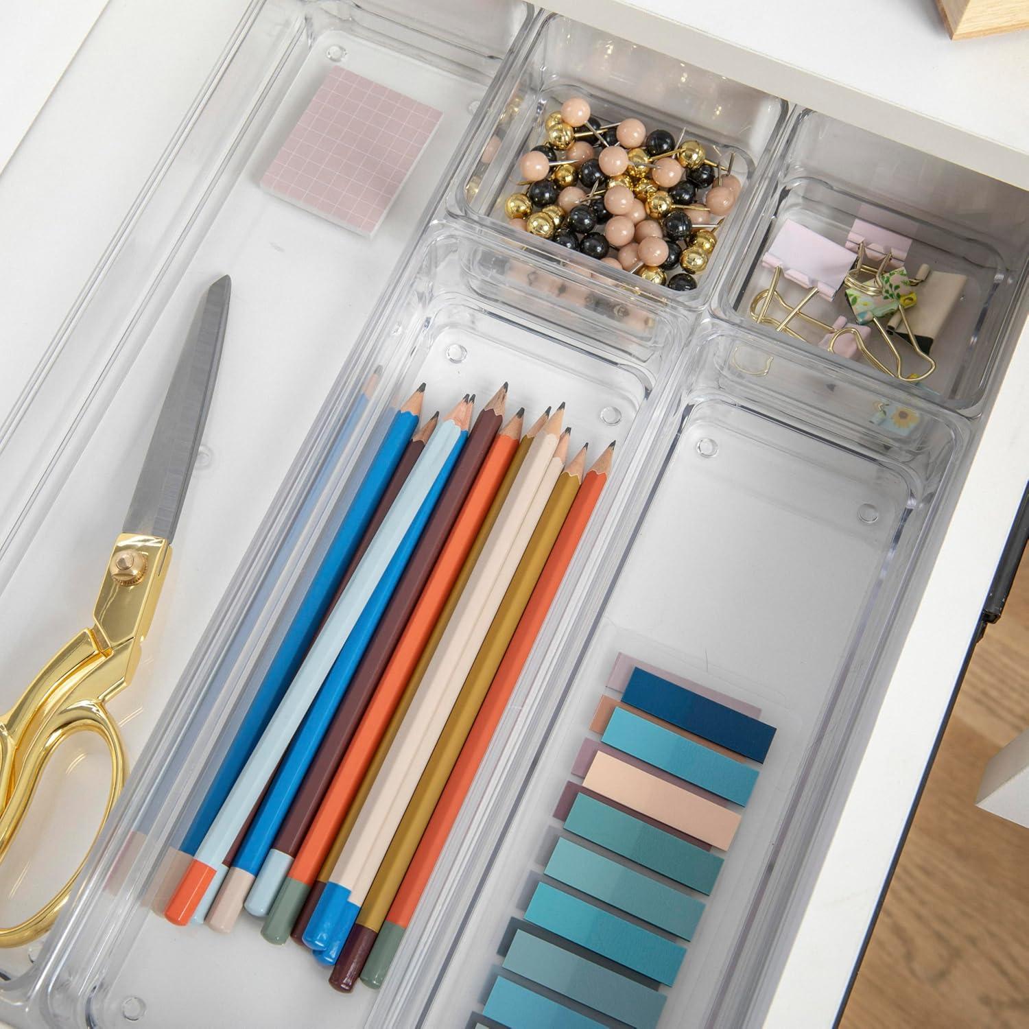 imageMartha Stewart Kerry Plastic Stackable Office Desk Drawer Organizers Set of 6 with Gold TrimClear