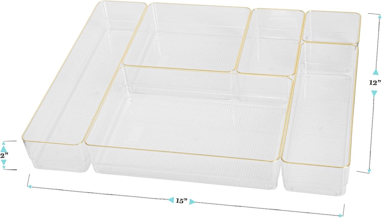 imageMartha Stewart Kerry Plastic Stackable Office Desk Drawer Organizers Set of 6 with Gold TrimClearGold Trim