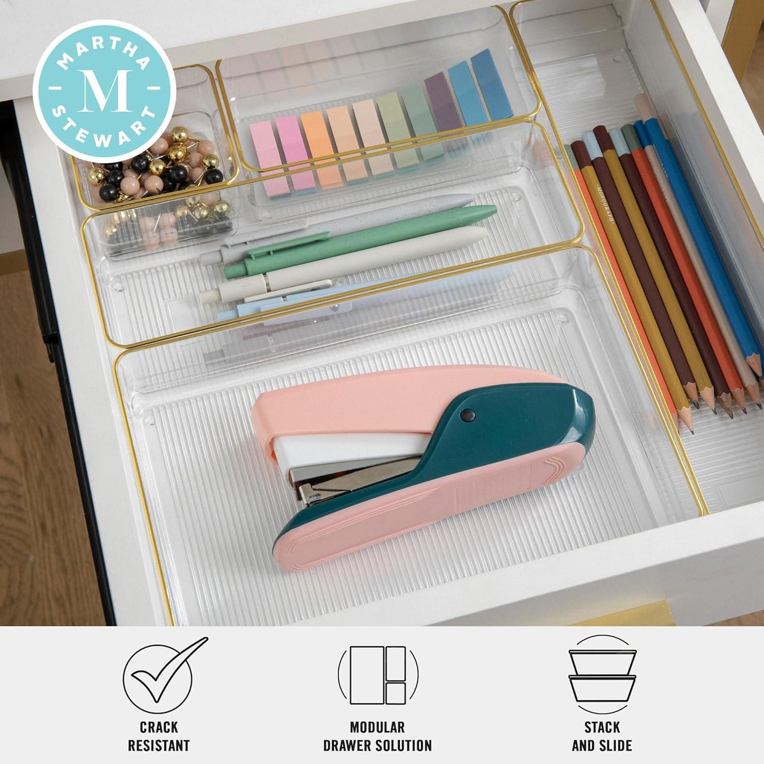 imageMartha Stewart Kerry Plastic Stackable Office Desk Drawer Organizers Set of 6 with Gold TrimClearGold Trim