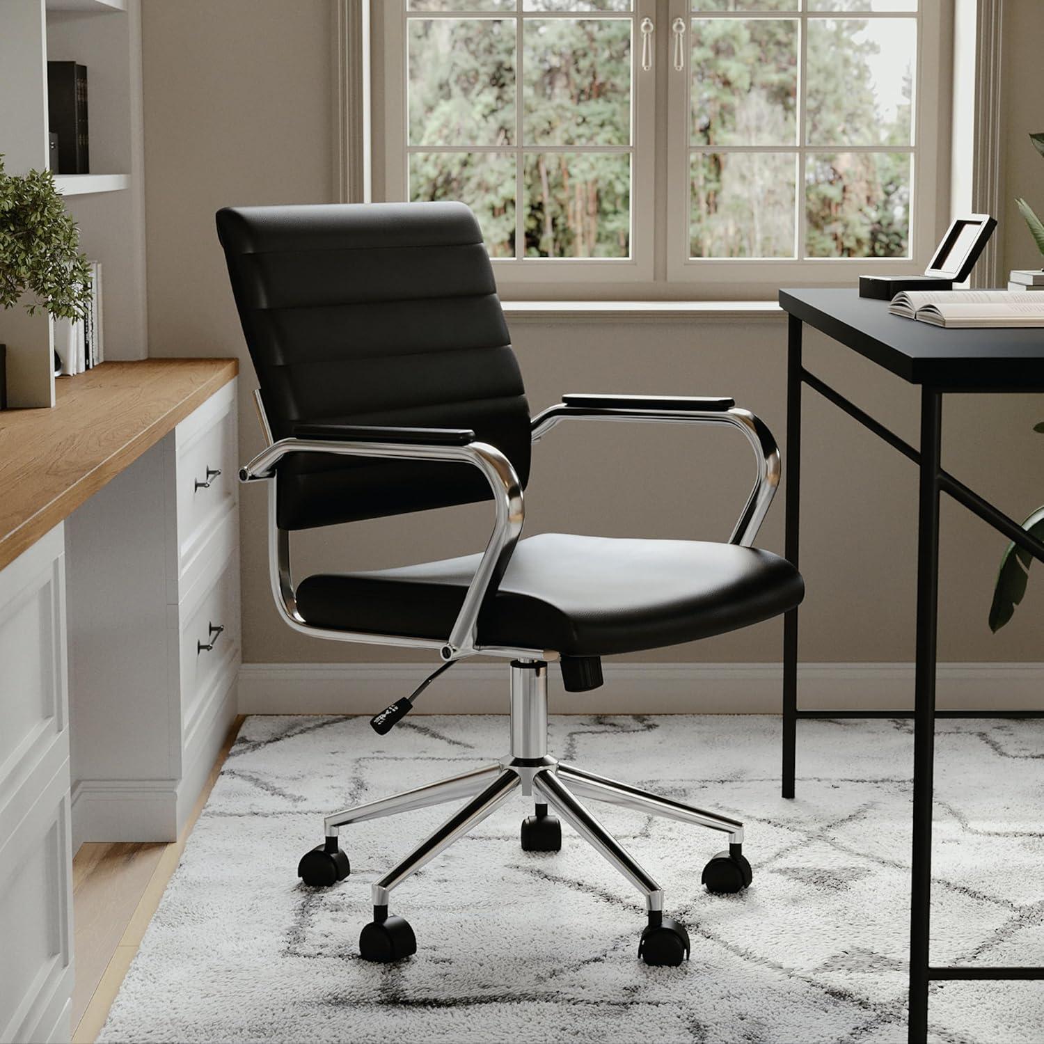 imageMartha Stewart Piper Swivel Task Chair with Armrests for Home Office in Saddle Brown Faux Leather with Polished Nickel FrameBlack Faux LeatherPolished Nickel