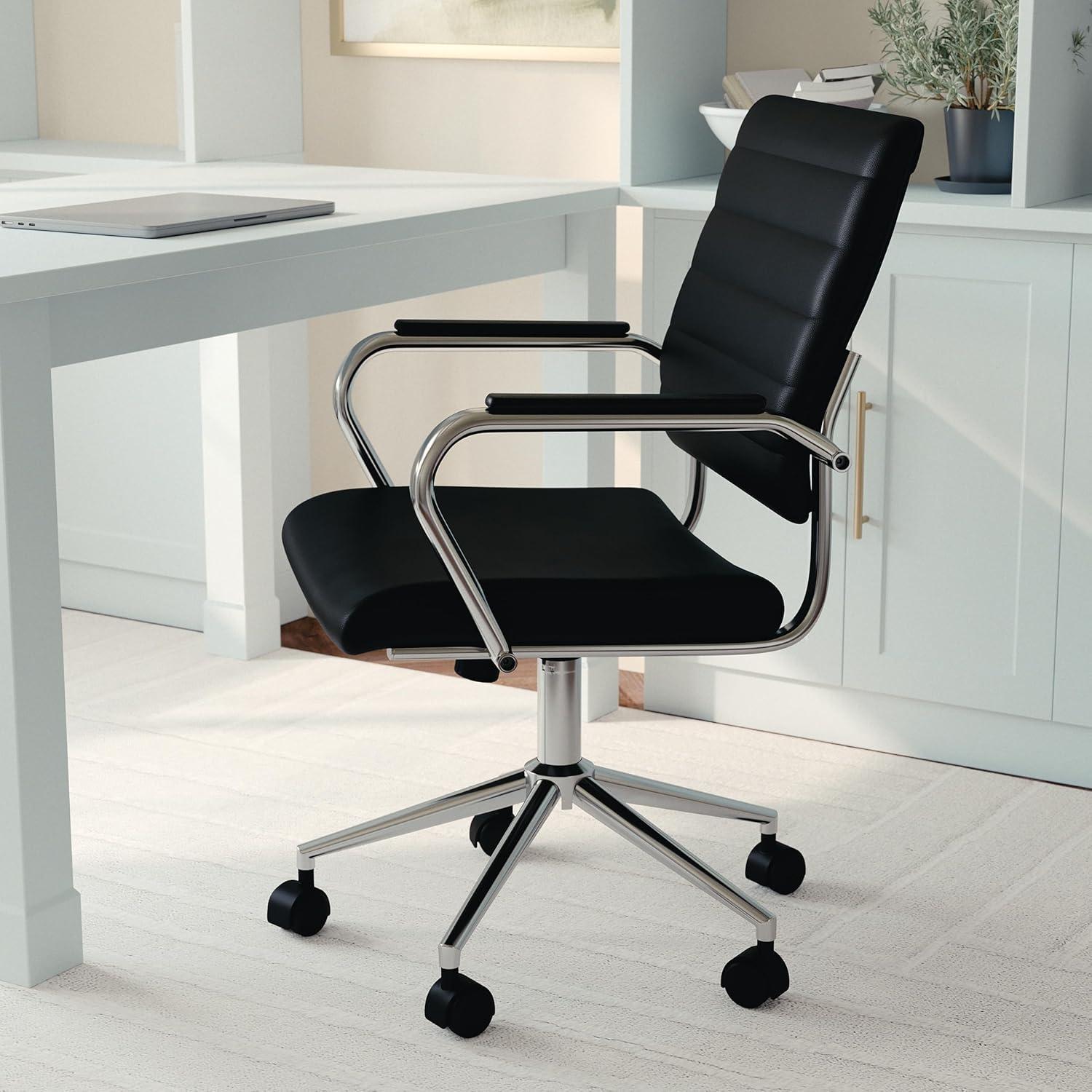 imageMartha Stewart Piper Swivel Task Chair with Armrests for Home Office in Saddle Brown Faux Leather with Polished Nickel FrameBlack Faux LeatherPolished Nickel