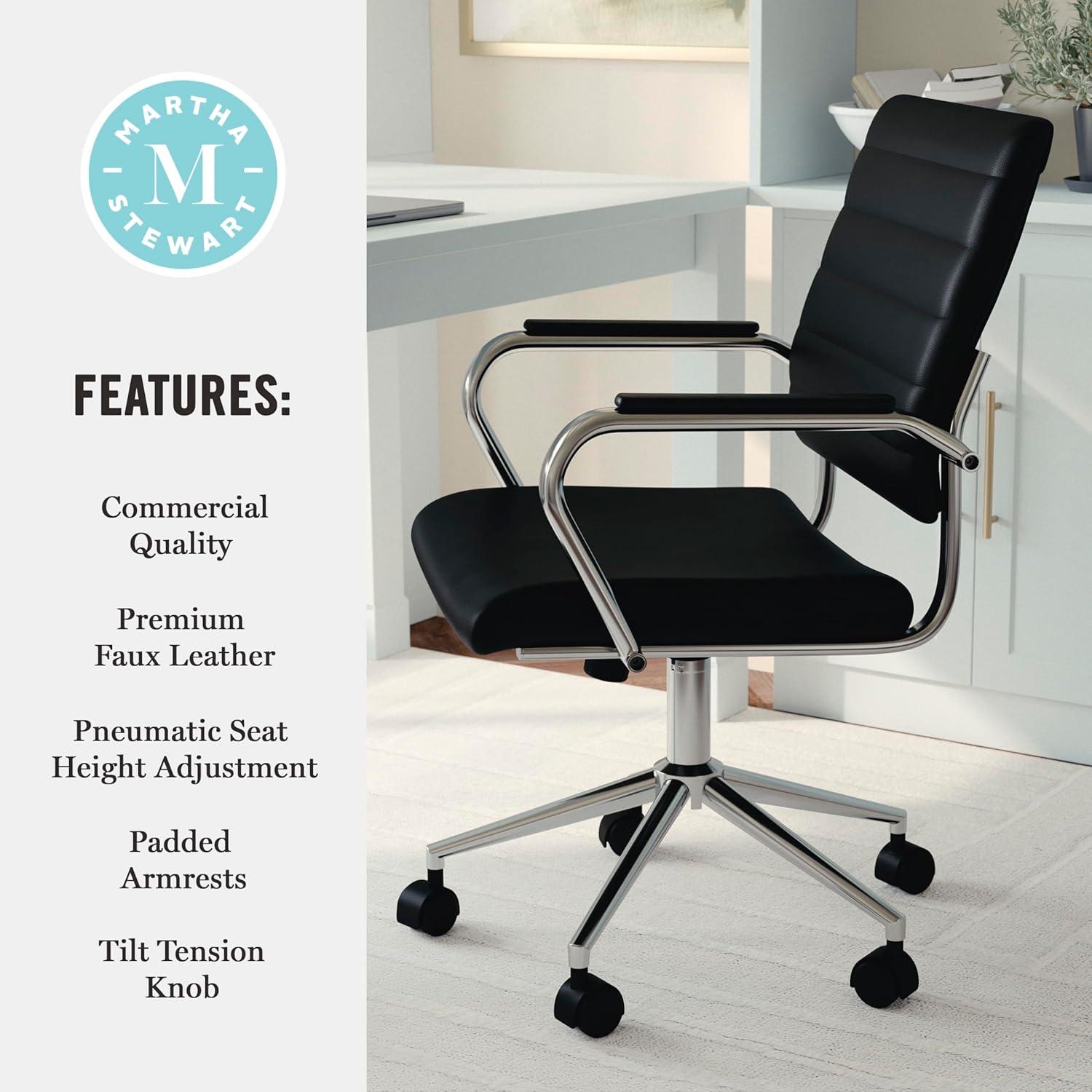 imageMartha Stewart Piper Swivel Task Chair with Armrests for Home Office in Saddle Brown Faux Leather with Polished Nickel FrameBlack Faux LeatherPolished Nickel