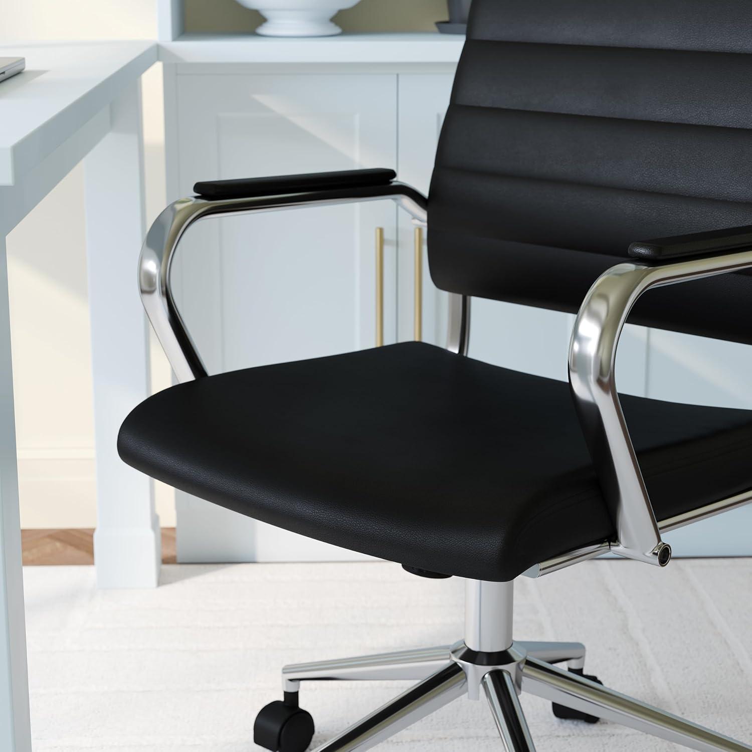 imageMartha Stewart Piper Swivel Task Chair with Armrests for Home Office in Saddle Brown Faux Leather with Polished Nickel FrameBlack Faux LeatherPolished Nickel