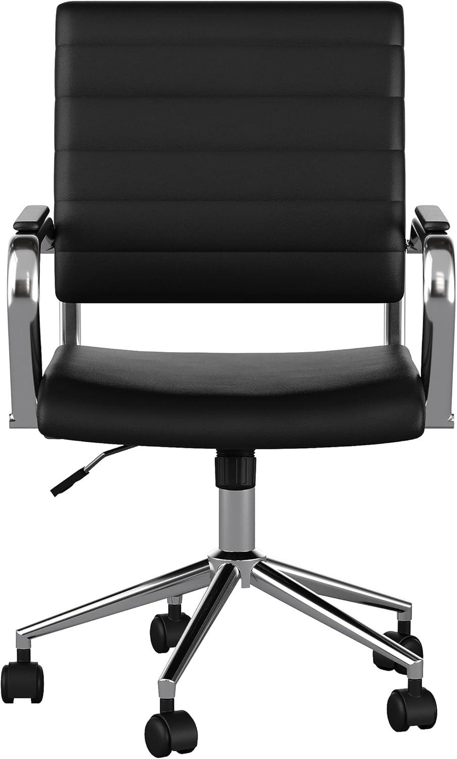 imageMartha Stewart Piper Swivel Task Chair with Armrests for Home Office in Saddle Brown Faux Leather with Polished Nickel FrameBlack Faux LeatherPolished Nickel
