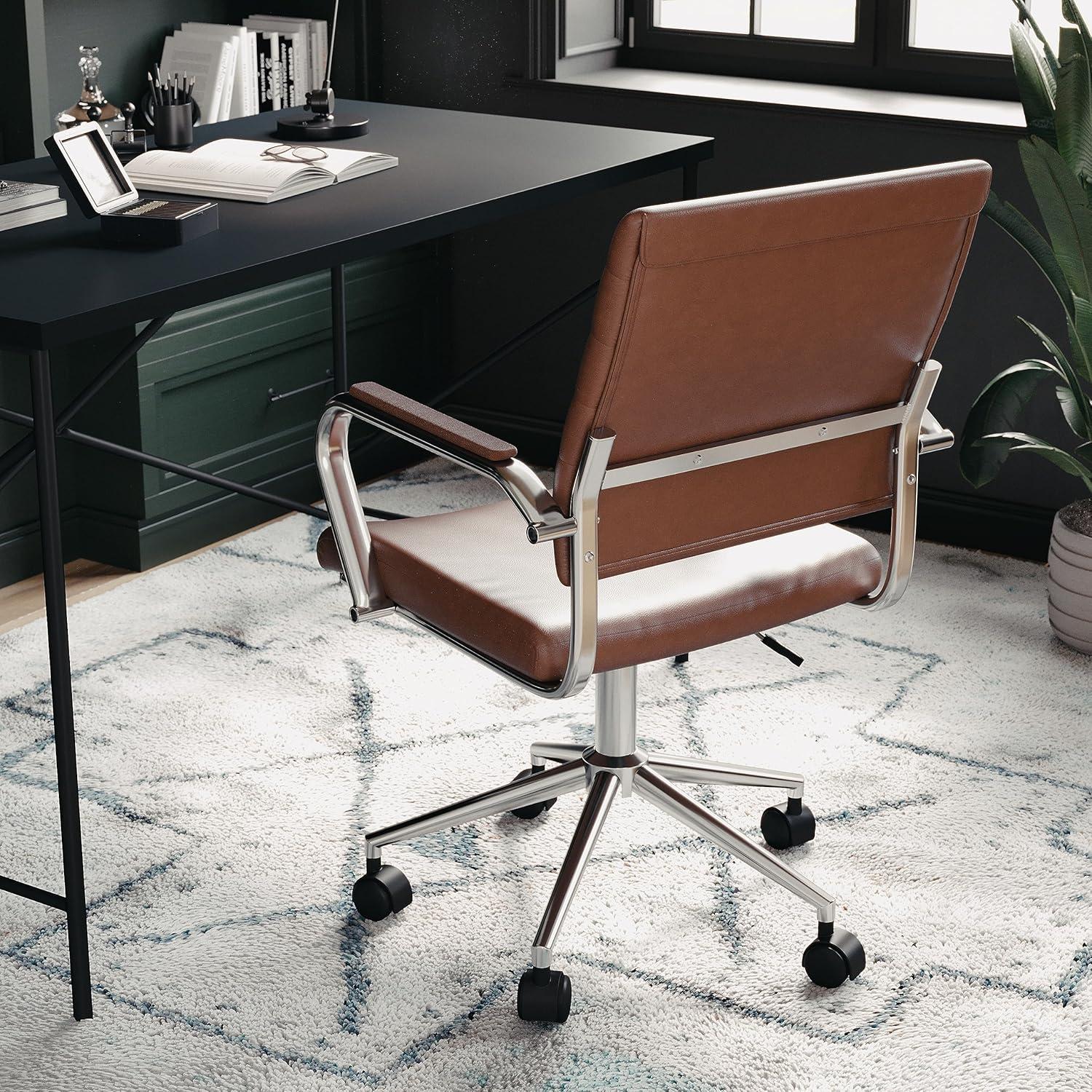 imageMartha Stewart Piper Swivel Task Chair with Armrests for Home Office in Saddle Brown Faux Leather with Polished Nickel FrameSaddle Brown Faux LeatherPolished Nickel