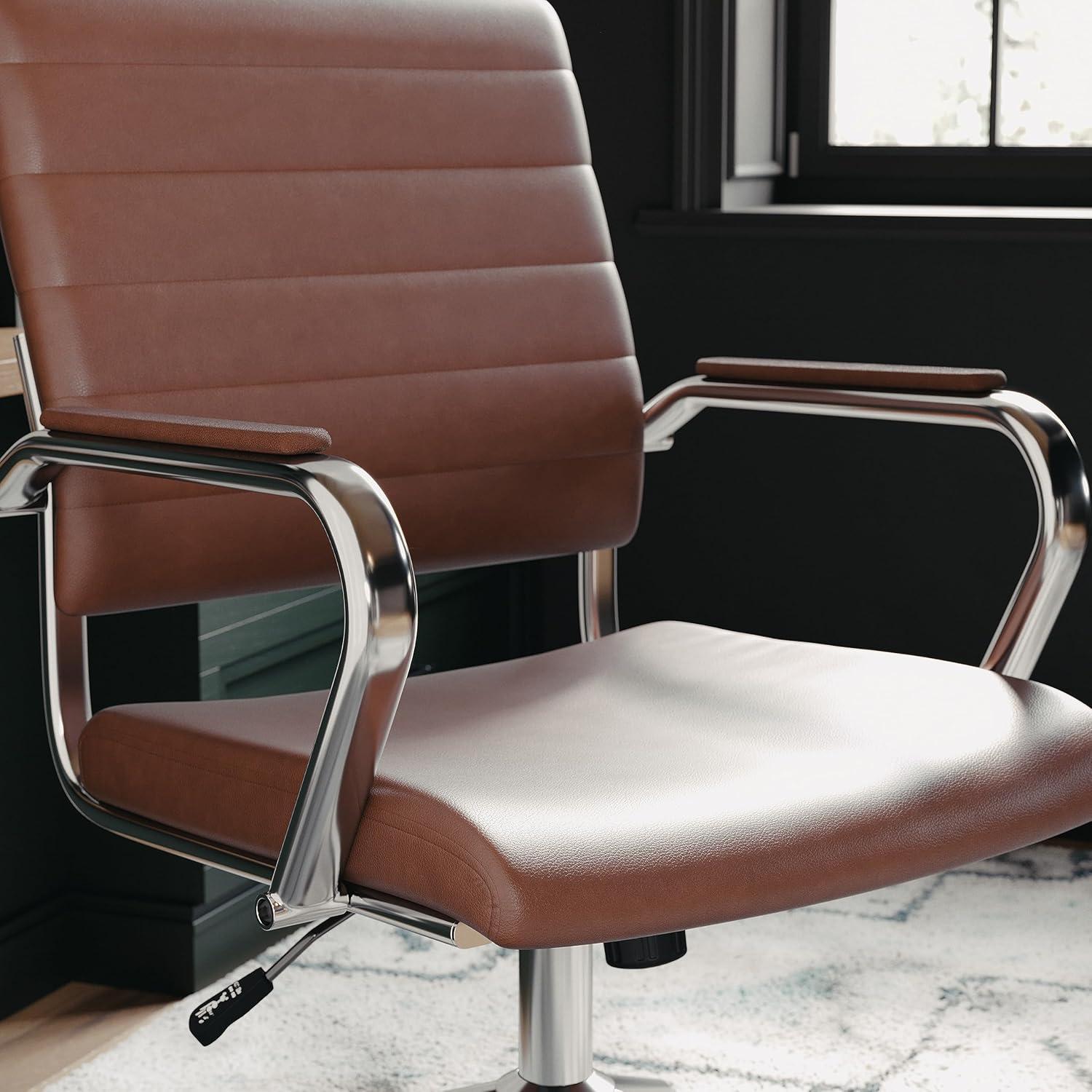 imageMartha Stewart Piper Swivel Task Chair with Armrests for Home Office in Saddle Brown Faux Leather with Polished Nickel FrameSaddle Brown Faux LeatherPolished Nickel