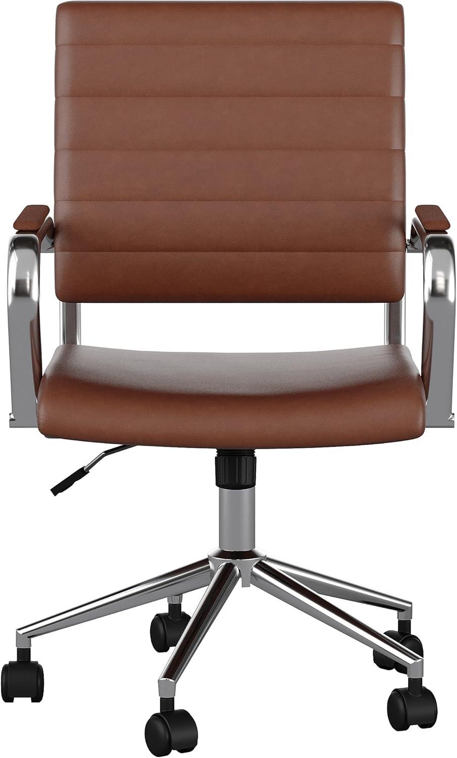 imageMartha Stewart Piper Swivel Task Chair with Armrests for Home Office in Saddle Brown Faux Leather with Polished Nickel FrameSaddle Brown Faux LeatherPolished Nickel