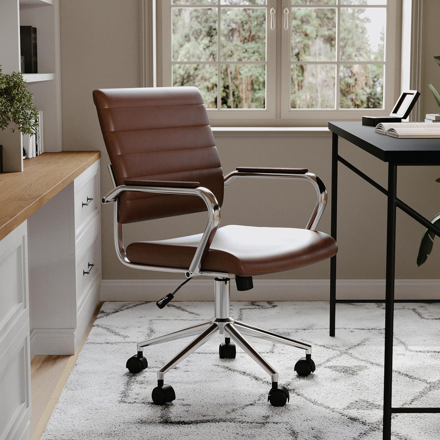 imageMartha Stewart Piper Swivel Task Chair with Armrests for Home Office in Saddle Brown Faux Leather with Polished Nickel FrameSaddle Brown Faux LeatherPolished Nickel