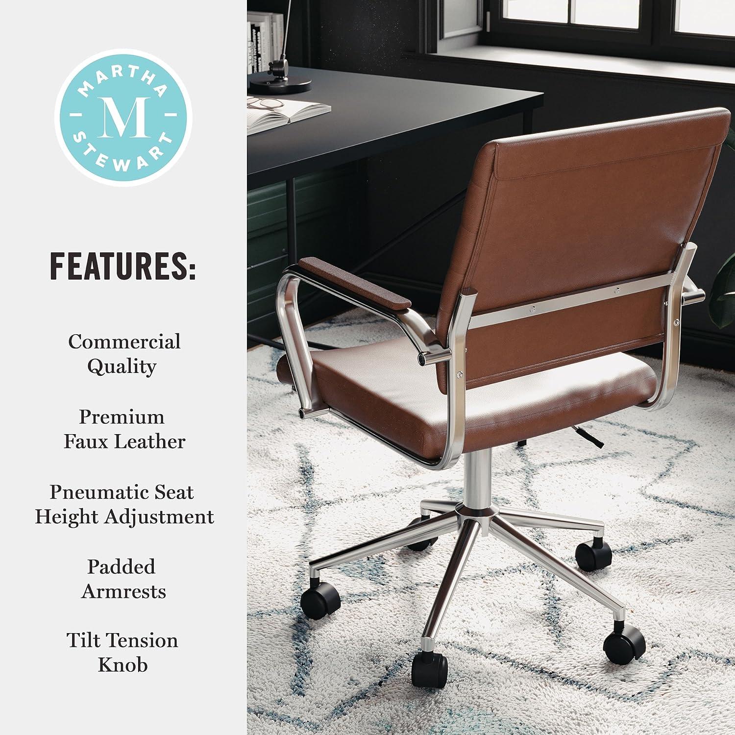 imageMartha Stewart Piper Swivel Task Chair with Armrests for Home Office in Saddle Brown Faux Leather with Polished Nickel FrameSaddle Brown Faux LeatherPolished Nickel