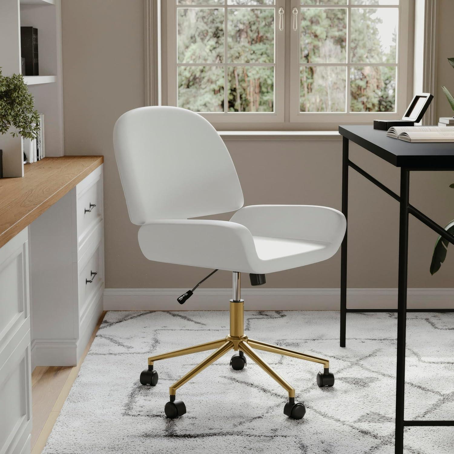 imageMartha Stewart Tyla Armless Swivel Task Chair for Home Office in White Faux Leather with Polished Brass FrameWhite Faux LeatherPolished Brass