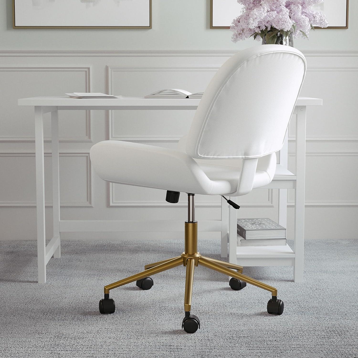 imageMartha Stewart Tyla Armless Swivel Task Chair for Home Office in White Faux Leather with Polished Brass FrameWhite Faux LeatherPolished Brass