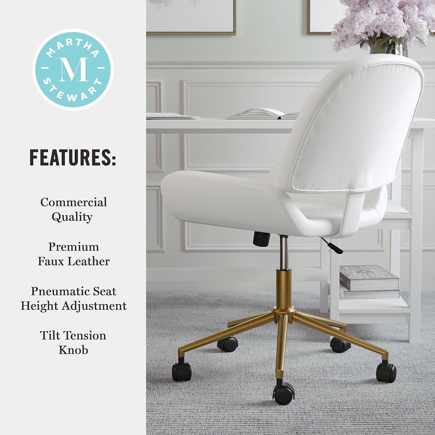 imageMartha Stewart Tyla Armless Swivel Task Chair for Home Office in White Faux Leather with Polished Brass FrameWhite Faux LeatherPolished Brass