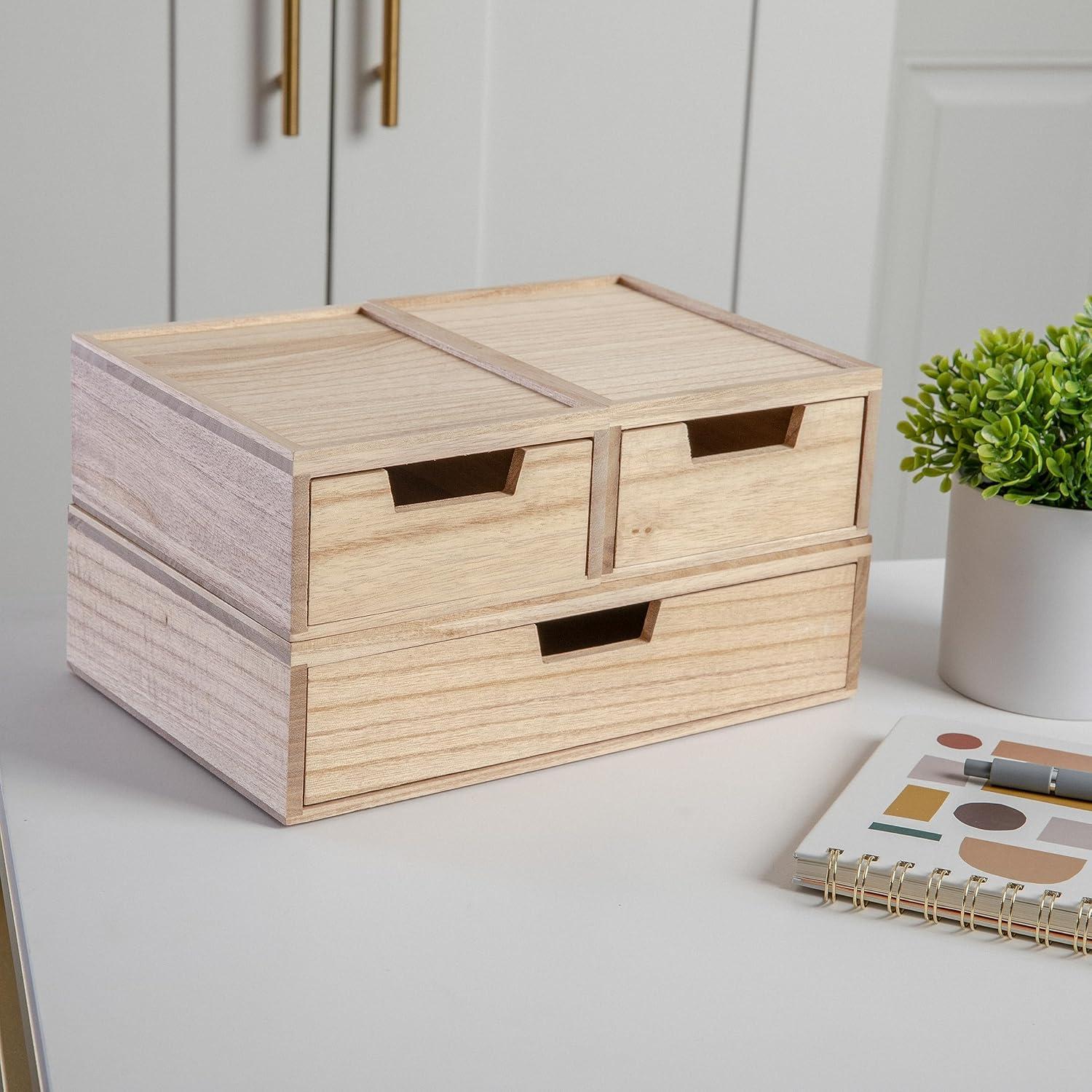 imageMartha Stewart Weston Stackable Wooden Storage Boxes with Pullout Drawers Paulownia Wood Storage Organizers 3 Pack Light NaturalLight Natural