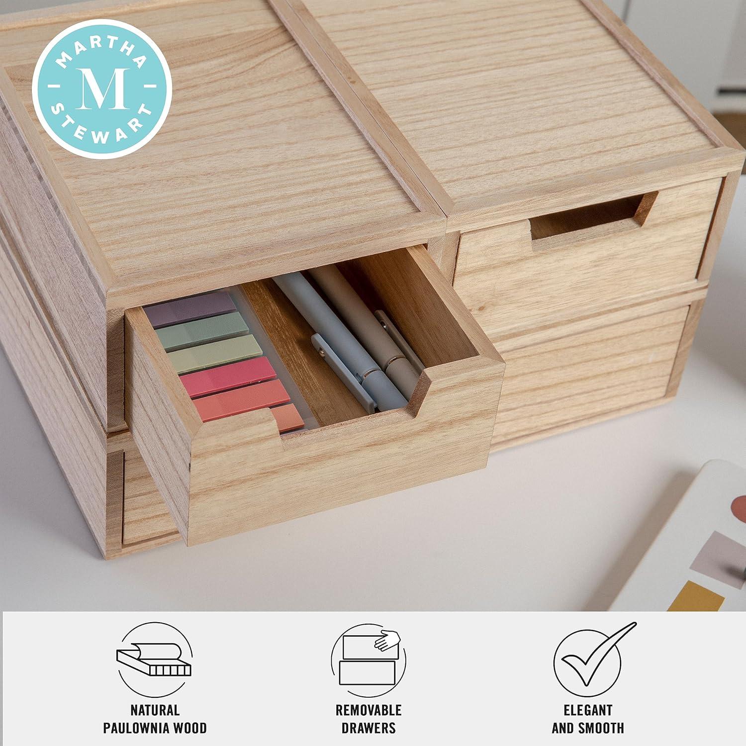imageMartha Stewart Weston Stackable Wooden Storage Boxes with Pullout Drawers Paulownia Wood Storage Organizers 3 Pack Light NaturalLight Natural