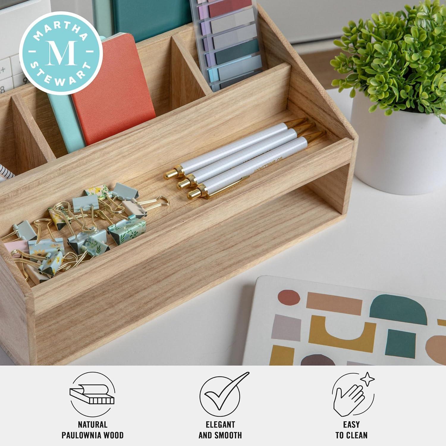 imageMartha Stewart Weston Wooden Desktop Organizer with Open Lower Storage Compartment Paulownia Wood Multipurpose Storage Caddy Light NaturalLight Natural